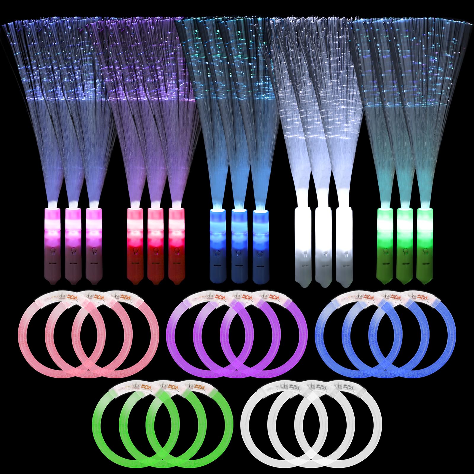 15Pcs Fiber Optic Wands & 15Pcs Glow Bracelets, Light Up LED Glow Wands Sticks, Concerts Birthday Party Supplies (15 Fiber Wands + 15 Bracelets)