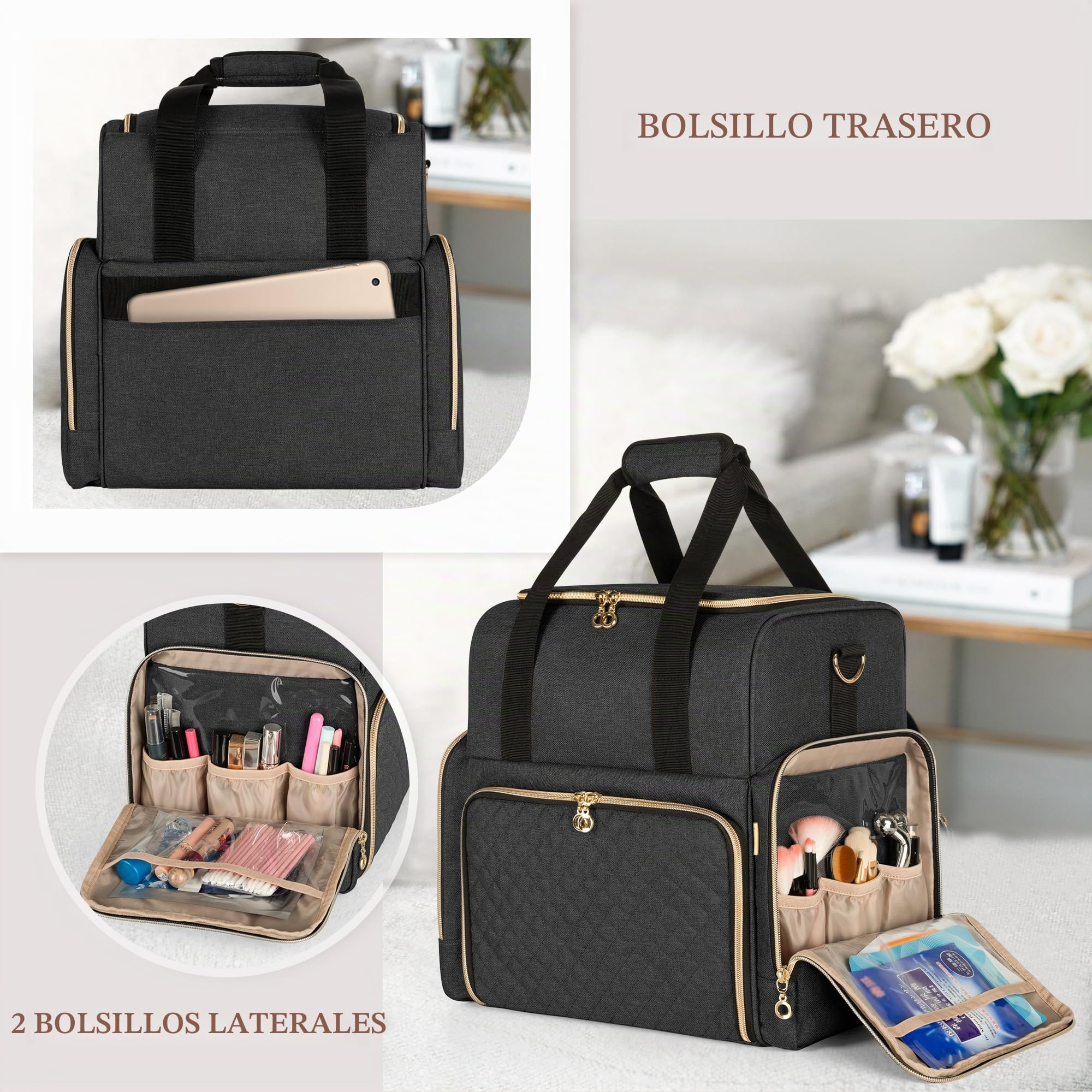 Luxja Bolsa de Maquillaje de Viaje con 2 Estuches Extraíbles, Negro | Bolsa de Cosméticos con Varias Secciones de Almacenamiento, Estuche de Maquillaje (Solo Bolsa)
