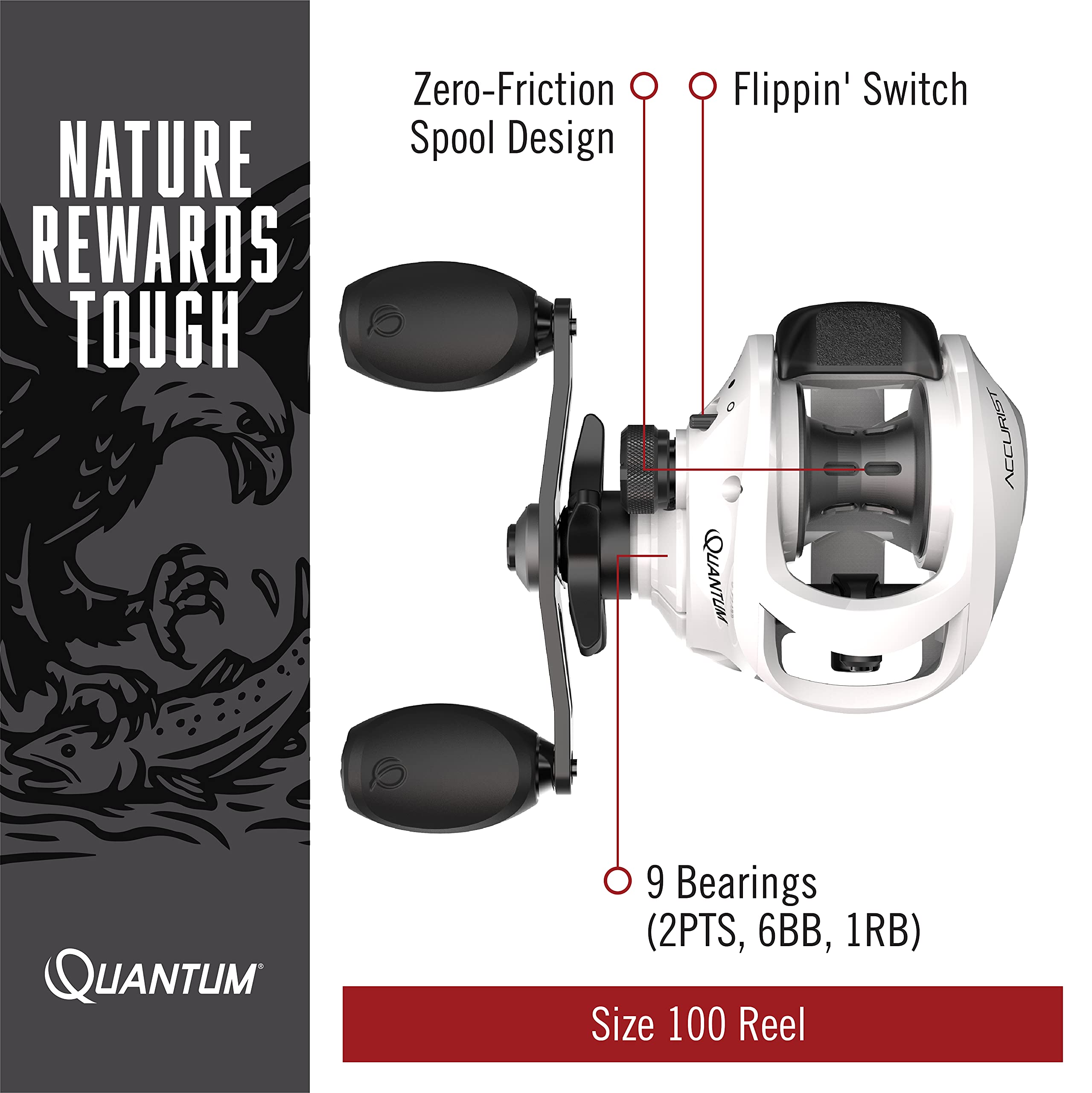 Quantum Accurist Baitcast Fishing Reel, Size 100 Reel, Right-Hand Retrieve, Oversized Non-Slip Handle Knobs and Continuous Anti-Reverse Clutch, One-Piece Aluminum Frame, 6.3:1 Gear Ratio, White : Sports & Outdoors
