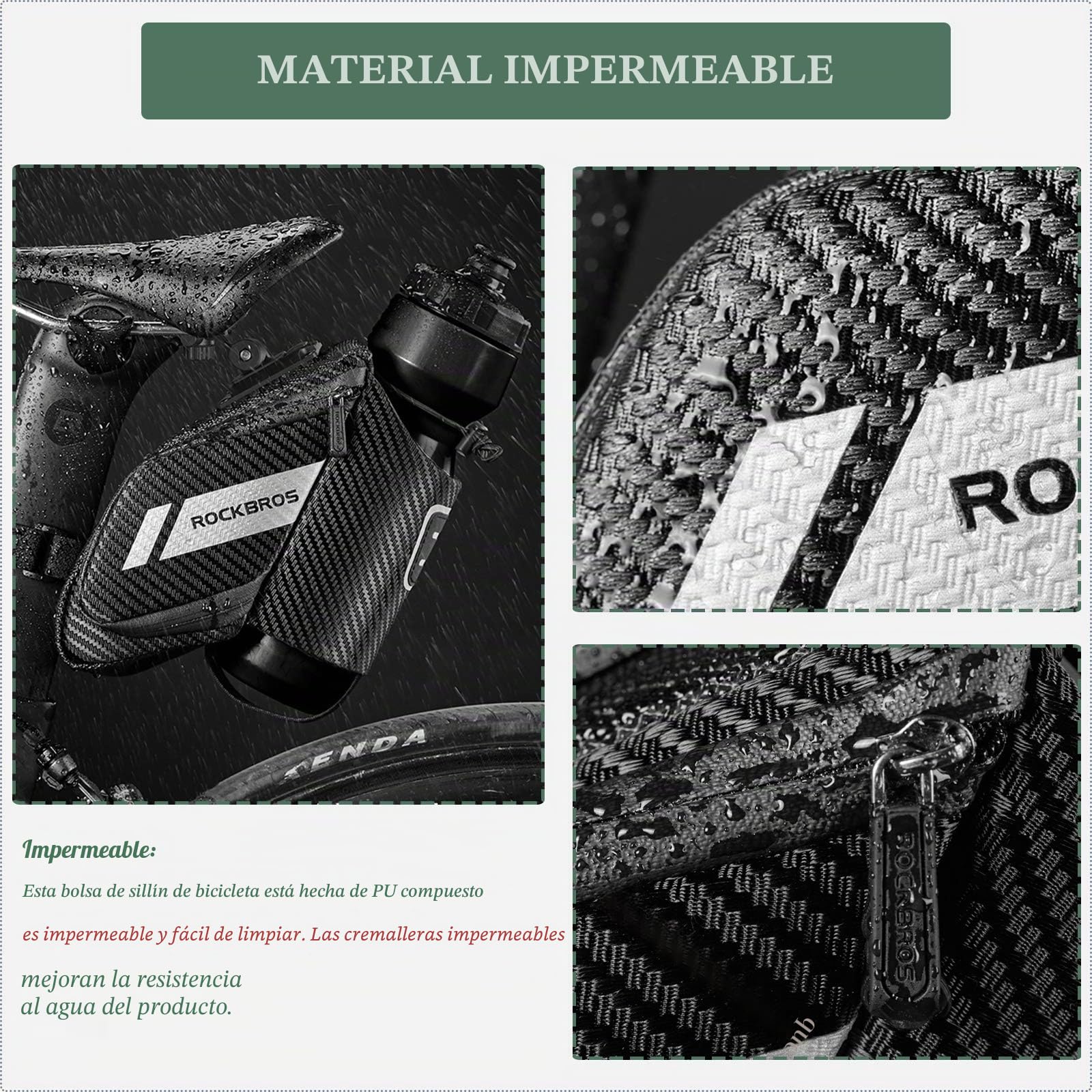 ROCKBROS Bolsa para sillín de bicicleta con bolsillo para botella de agua, bolsa de almacenamiento impermeable, bolsa de asiento de bicicleta, bolsa de ciclismo de liberación rápida con visibilidad