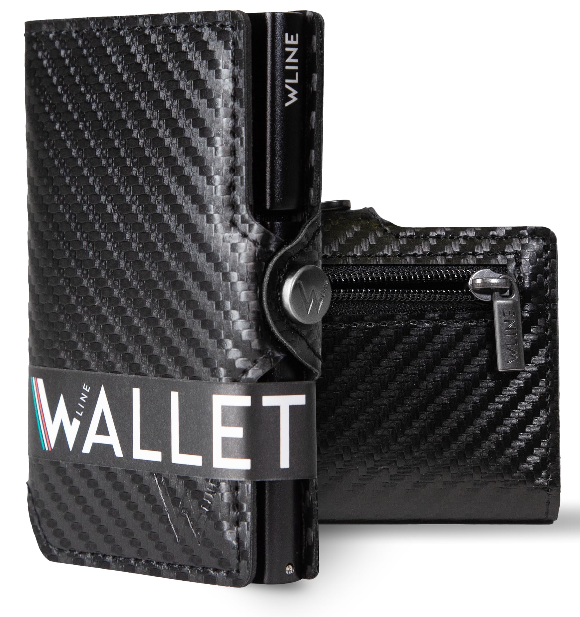 WLine Portafoglio Uomo Slim con Portamonete Rfid Compatto ed Elegante - Porta Carte di Credito Uomo e Donna Schermato in Fibra di Carbonio - Portatessere Uomo Tascabile (Nero Carbon con Zip)
