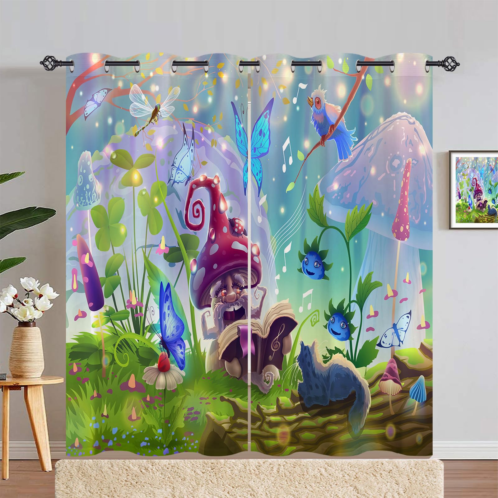 ANHOPE Mushroom Curtains Eyelet 80% Blackout Room Darkening Curtains with Magic Forest Animal Butterfly Print Pattern Thermal Insulated Window Drapes for Bedroom Living Room 55 x 84 Inch Drop 2 Panels