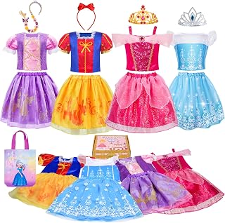 Meland Princess Dress Up Trunk for Girls 3-8 - 4 Set Costumes with Tiaras, Headbands & Purse, Birthday Christmas Gift