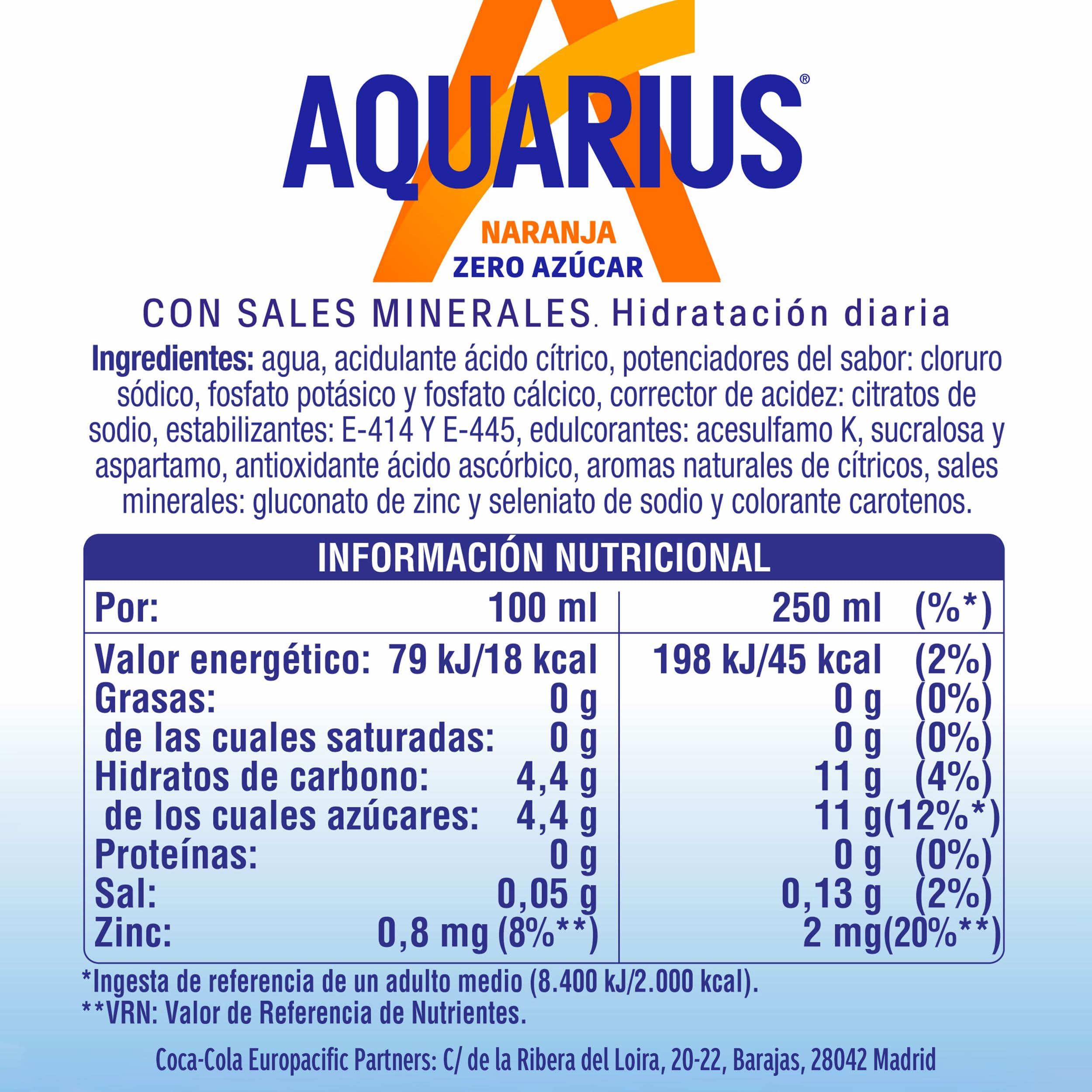 AQUARIUS Naranja Zero Azúcar, Bebida Hidratante con Sales Minerales - Pack de 6 Botellas de 1,5 L