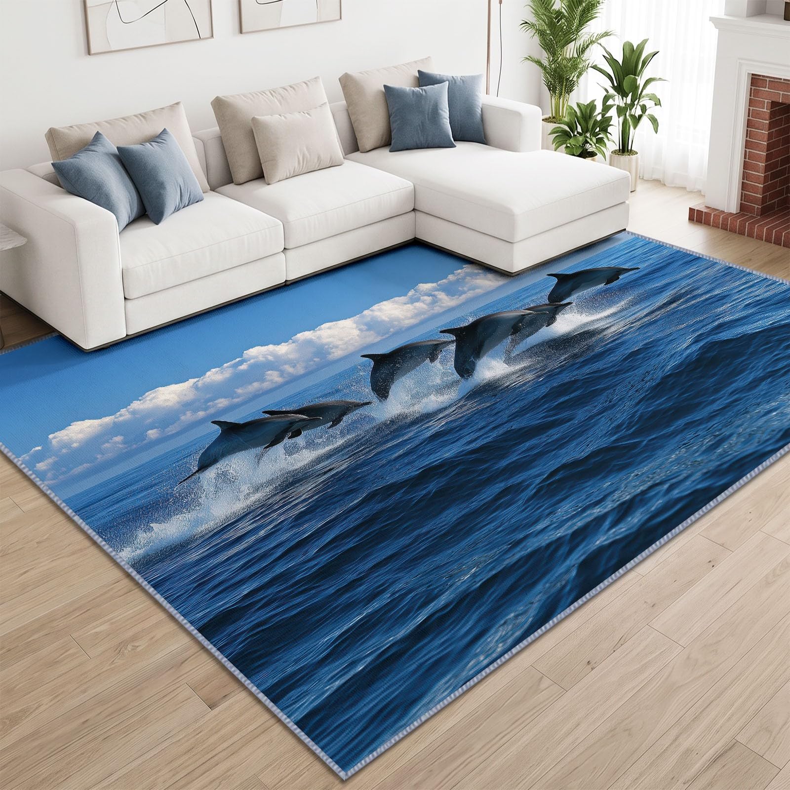 Grand Tapis Salon 140x200cm Photo Océan Animal Sauvage, Tapis de Salon Lavable en Machine Antidérapant à Poil Ras, Dauphin Sautant Surface Océan Doux Tapis Chambre Adulte pour Salle à Manger Couloir