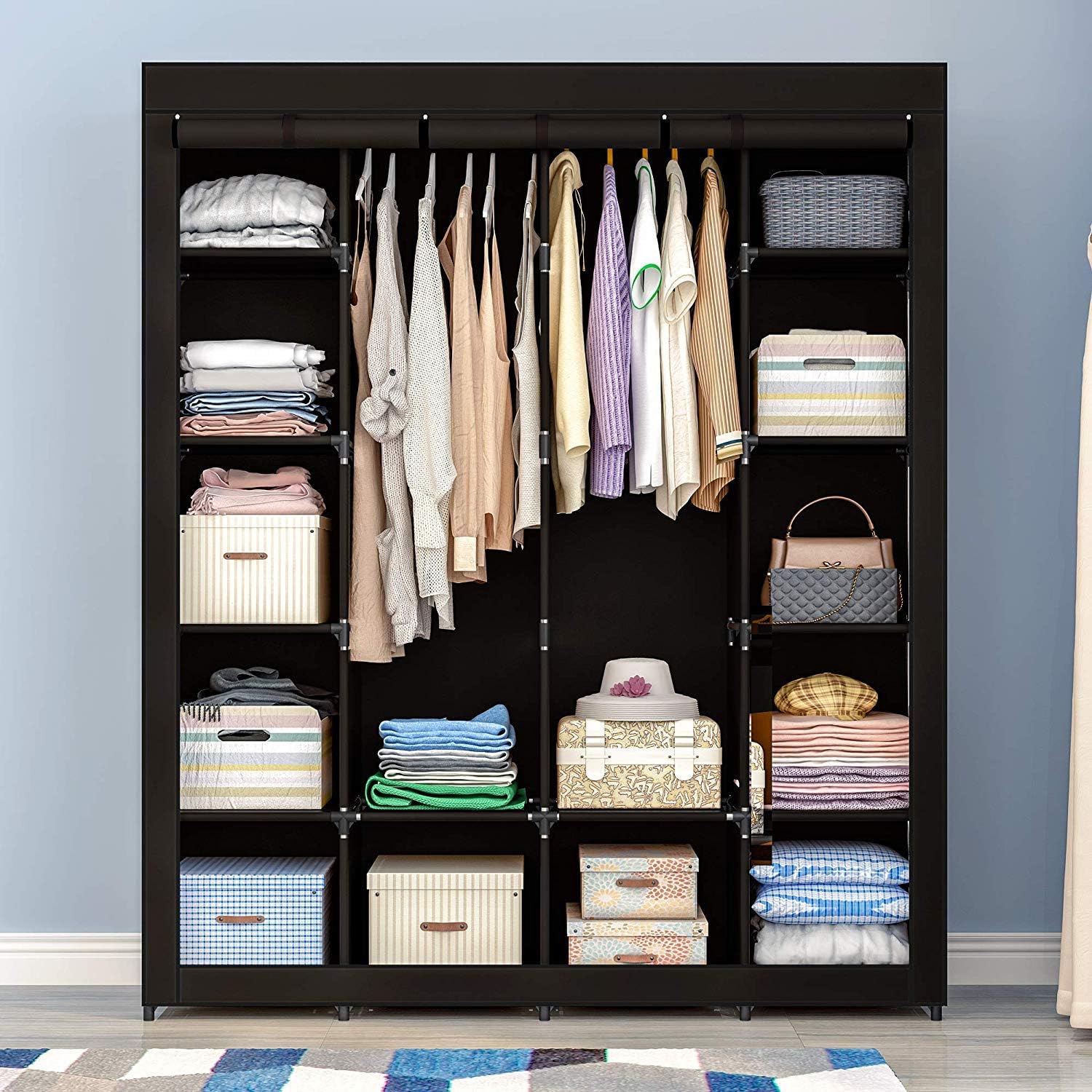 Portable Closet Organizer Storage, Wardrobe Closet with Non-Woven Fabric 14 Shelves, Quick and Easy to Assemble, 56 x 18.5 x 66 inches Black