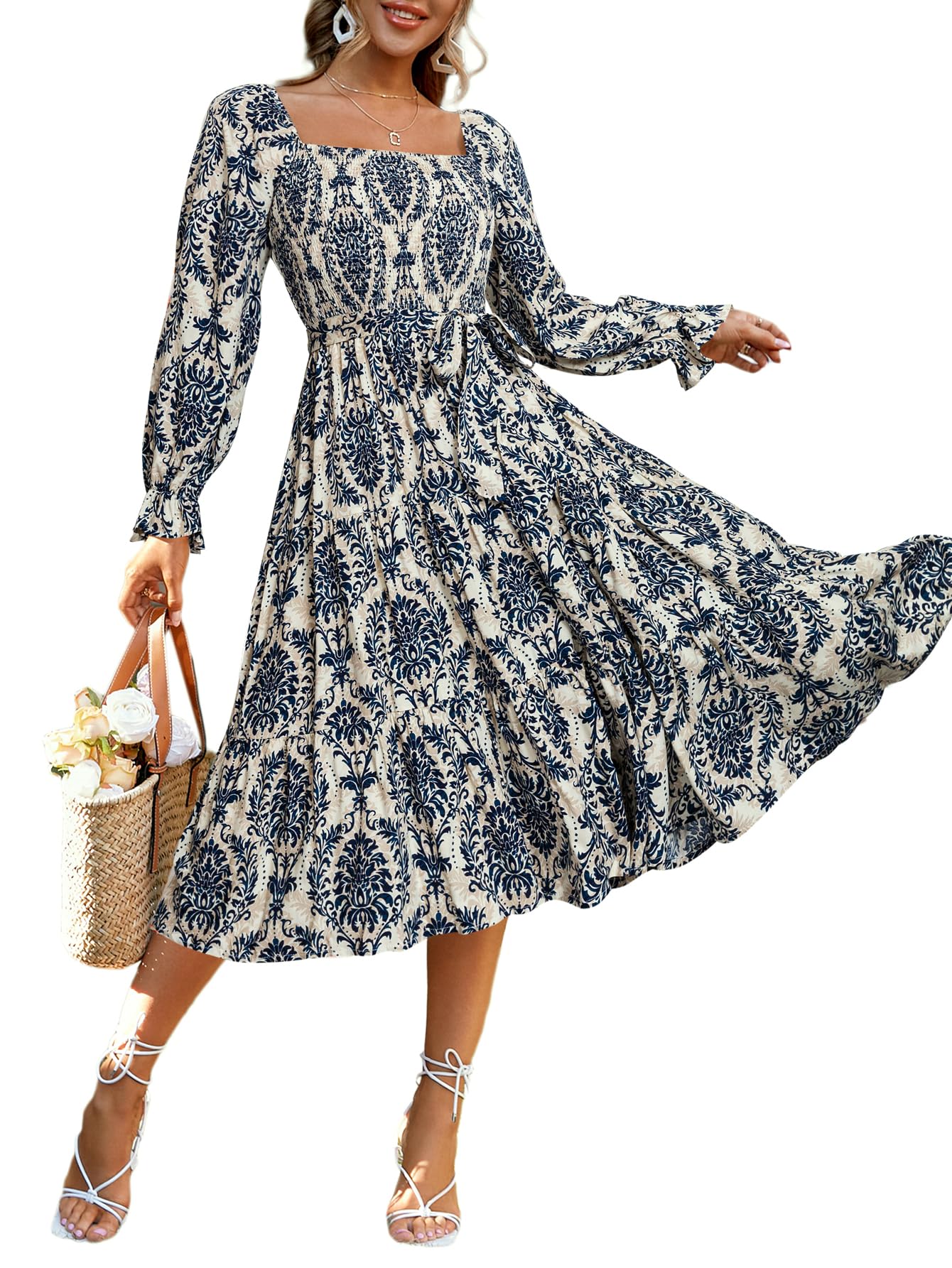 Simplee Womens Long Sleeve Maxi Dress Casual Square Neck Smocked Flowy Fall Wedding Guest Dresses