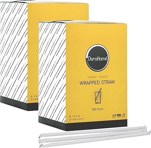 Miniatura 2 de DuraHome Pajitas de plástico a rayas envueltas individualmente en blanco y rojo, paquete de 1000 popotes para beber de 8 pulgadas, sin BPA, estilo