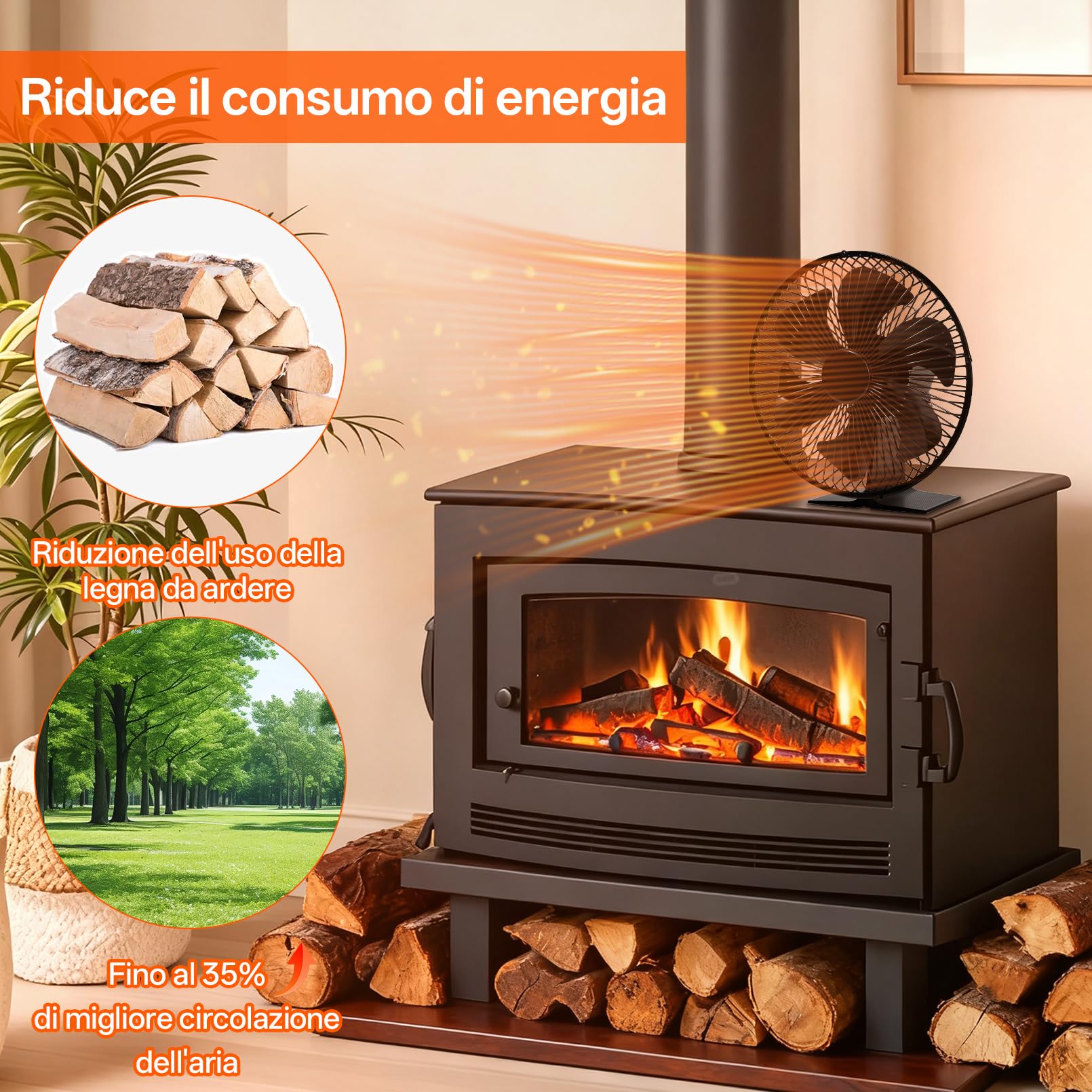 JossaColar Ventilatore per stufa con griglia di protezione, con 6 lame, per camino, per canna fumaria, senza corrente, con termometro magnetico