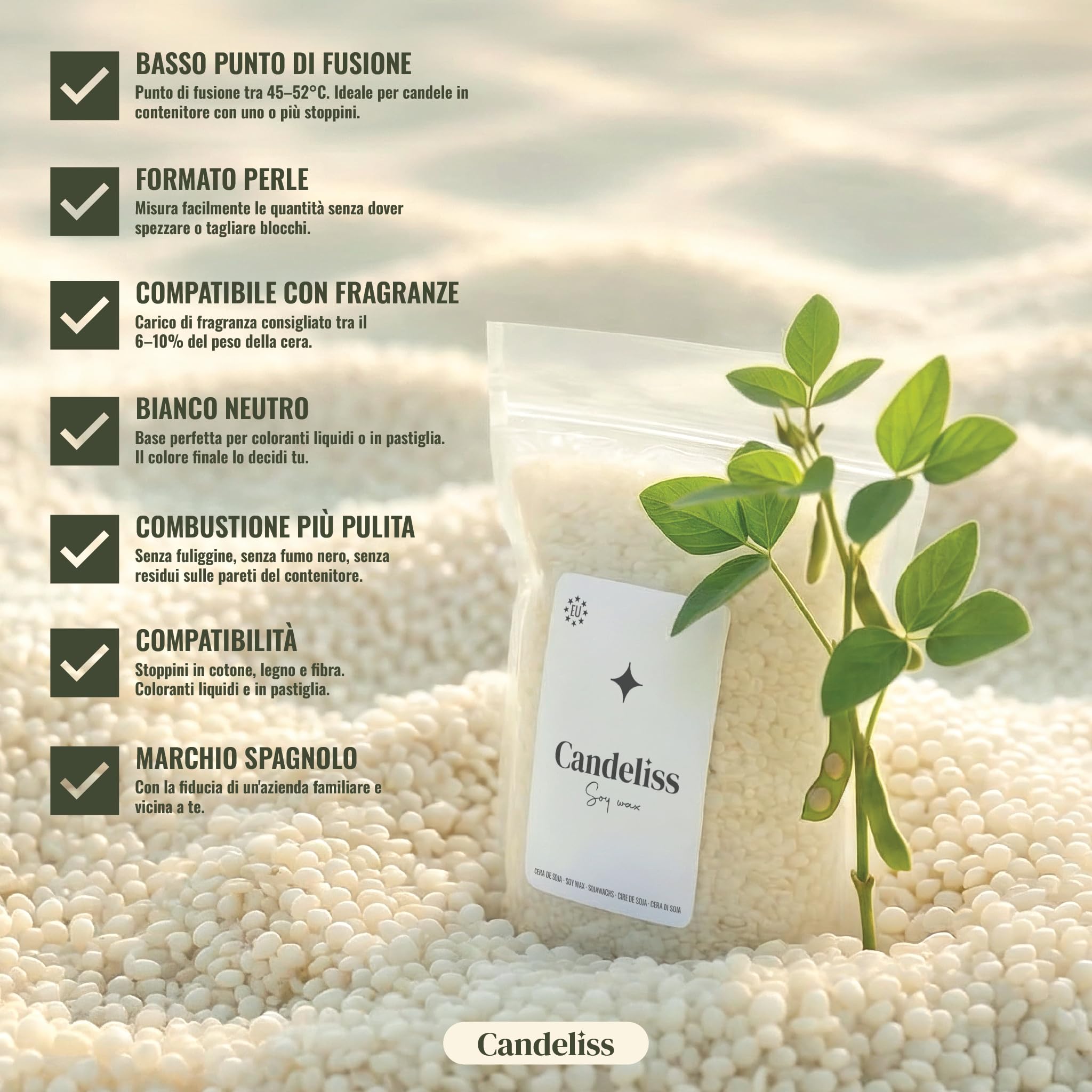 CANDELISS Cera di soia per Candele in Vaso 2kg. Cera Naturale vegetale per Candele con Punto di Fusione Basso per Creare Candele Fatte in casa Soy Wax for Candle Making (2kg)