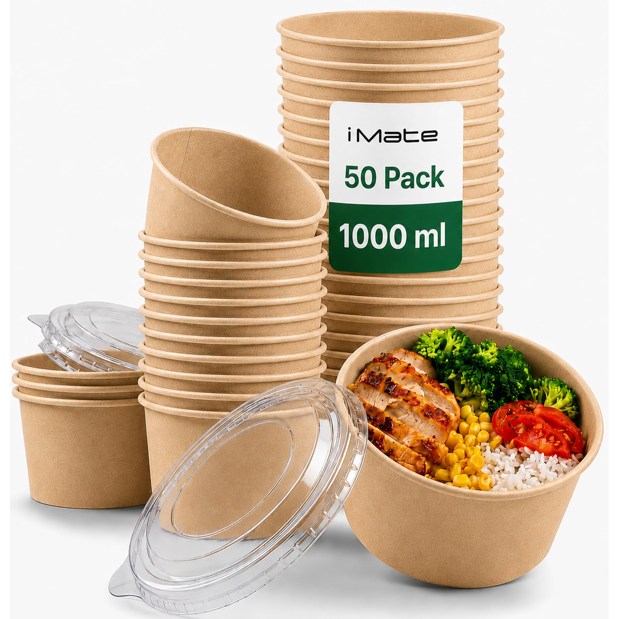 iMate 1000ml Kraft Paper Bowls with Lids, Leak Resistant Takeaway, 50 Pack