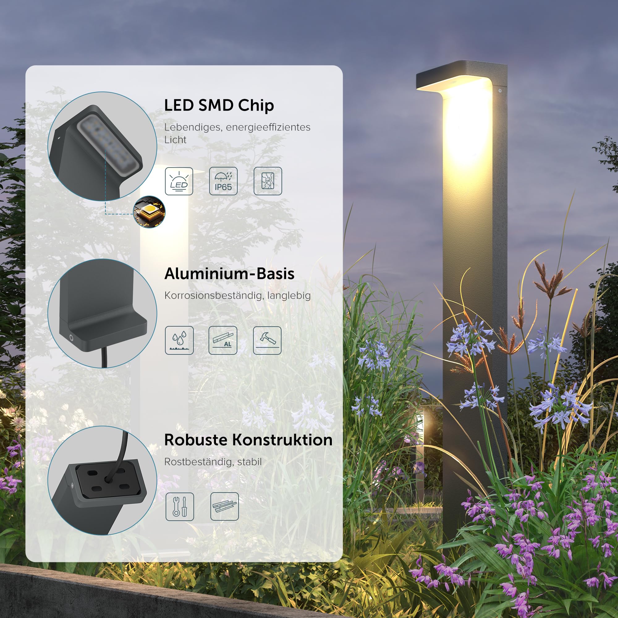 doporro Wegeleuchten Außen Stromanschluss 60cm Gartenleuchte IP65 6W | Gartenlampen für Draußen Strom, 3000K Warmweiß Pollerleuchte Standleuchte Außen, 100x60x600mm, Sandgrau dunkel, LumaTorch