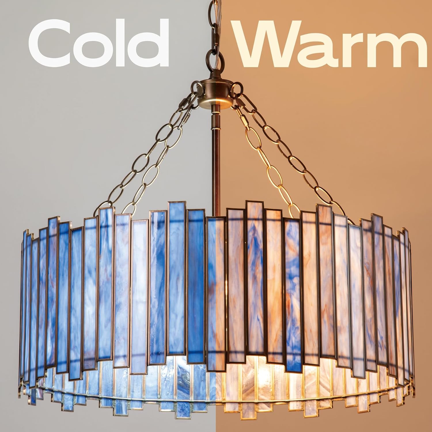 Antique Brass Drum Chandelier 6-Light Modern Tiffany Pendant Lighting Fixture with Stained Blue Glass Shade 20” Round Ceiling Hanging Lamp Bedroom Dining Living Room Kitchen Entry
