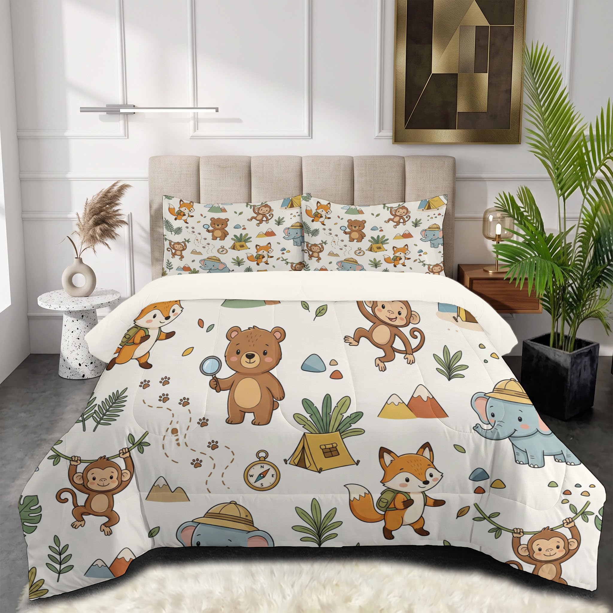 Piumone 2-In-1 Letto Singolo 140X200 Cm Animali Divertenti E Avventurosi | Trapunta E Piumino Reversibile 4 Stagioni, Campeggio Nella Foresta Animali, Copriletto Lavabile Morbido Leggero, Beige