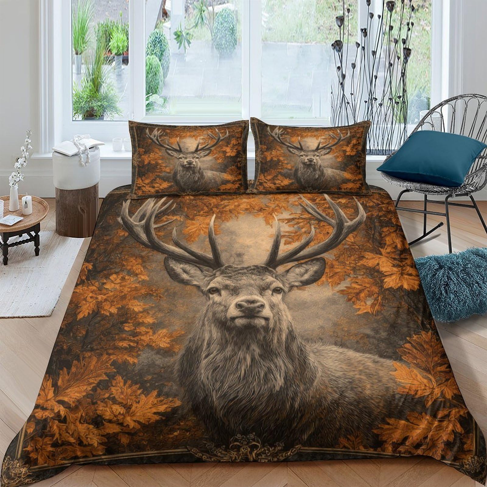 Ctjqhvkz Style-10 3D Printed Forest Deer Fitted Sheet Microfiber Soft Autumn Leaves Bed Cover For Bedroom Guest Room Decor Single（135X200cm）