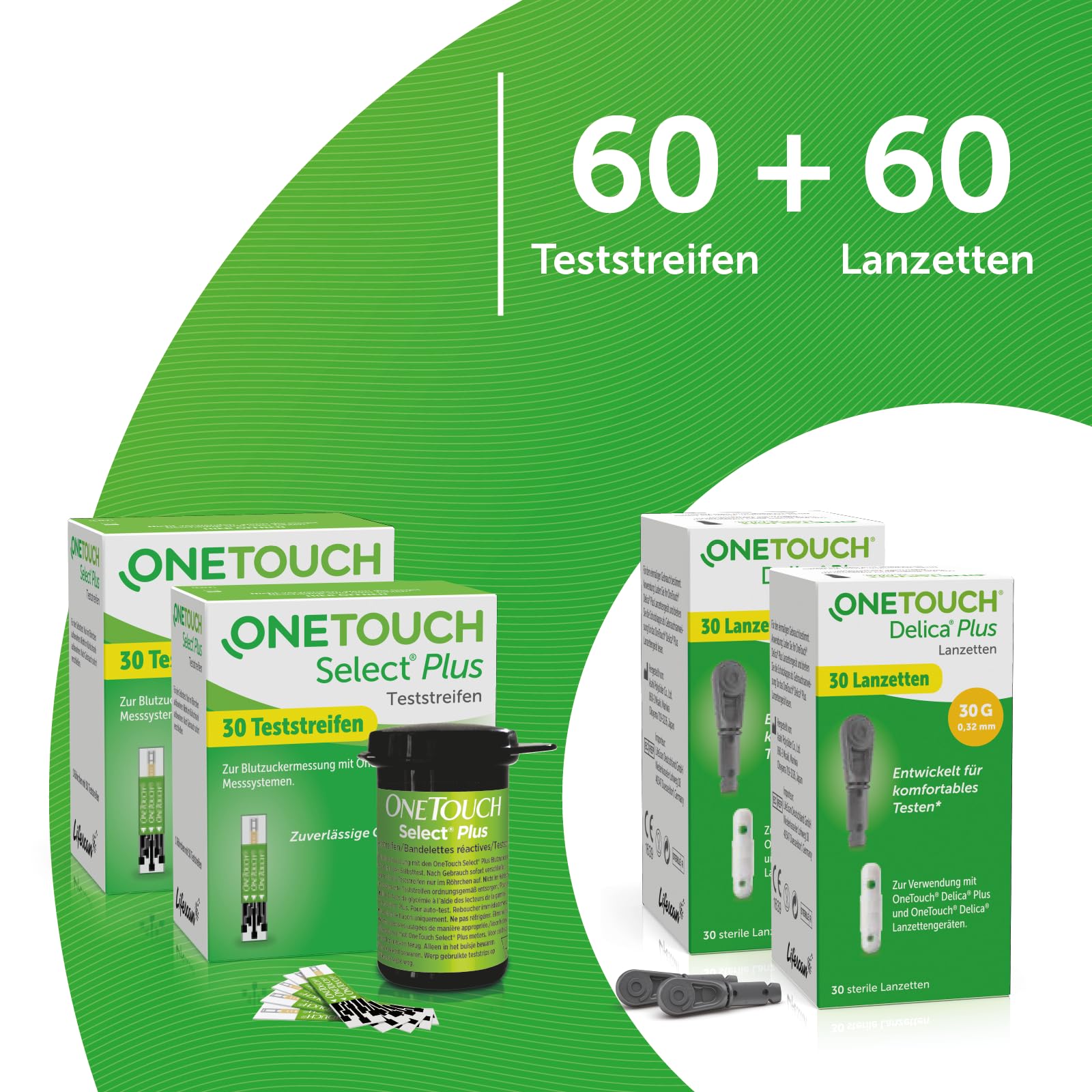 OneTouch Select Plus Kombi-Pack M für Blutzuckermessung |Teststreifen & Lanzetten für Diabetes (Zucker-Krankheit)| 60 Tests | 2 Packungen Teststreifen, je 30 Stück I 2 Packungen Lanzetten,je 30 Stück