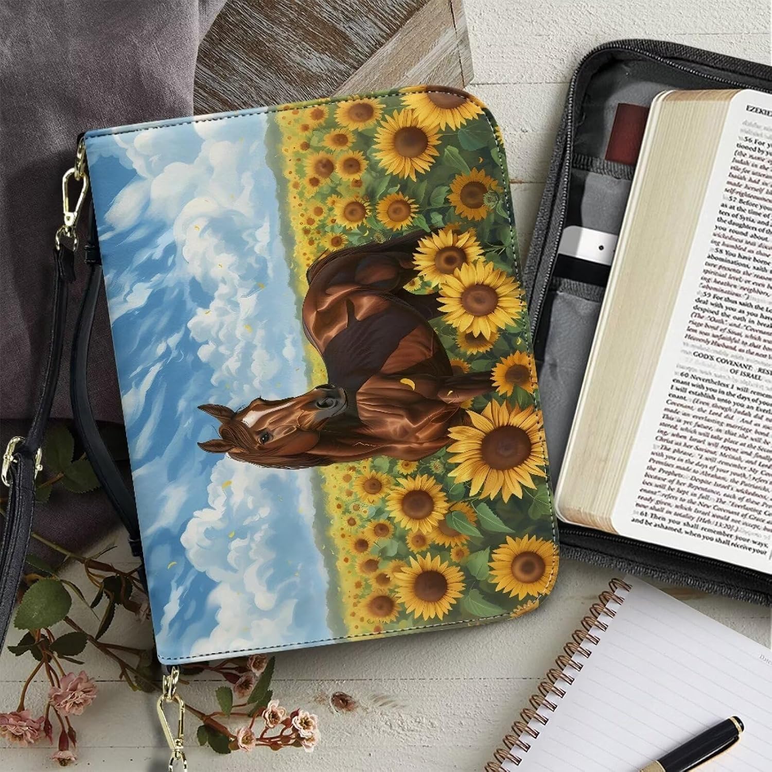 Sunflower Field Horse Pattern Bible Cover for Women Men, Be Strong and Courageous, Church Study Book Carrier with Detachable Strap Size M image 4