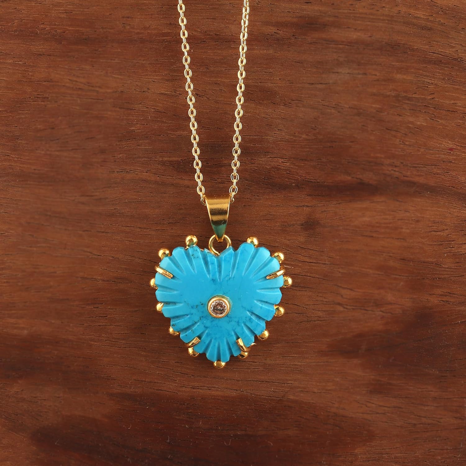 Carved Natural labradorite, Turquoise Heart Pendant Necklace, 18K Gold Plated, 18 Inch Chain, Cubic Zirconia Crystal Handcrafted Jewelry