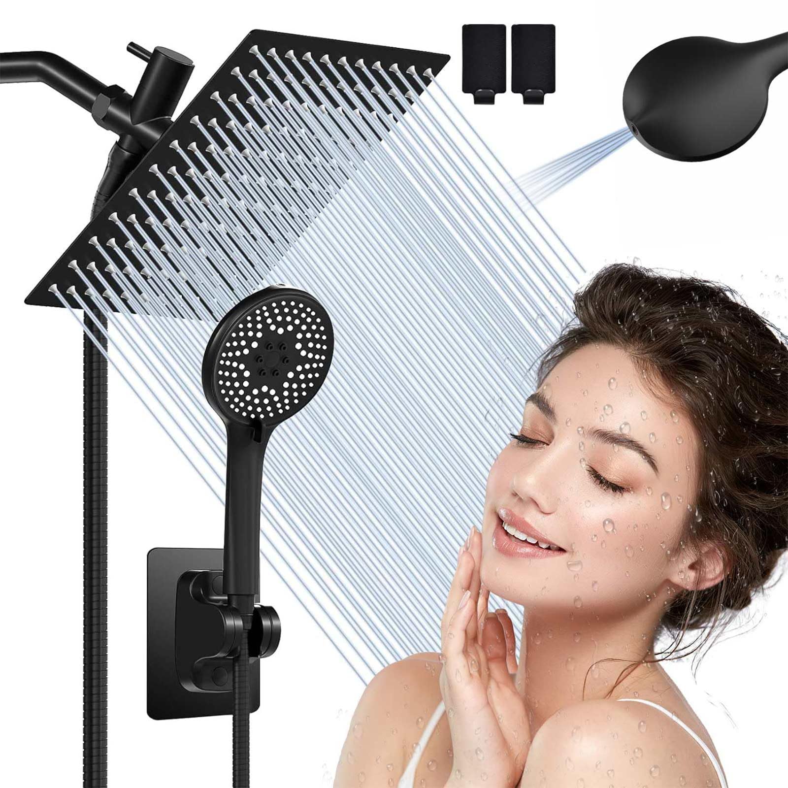 Airlex Shower Heads with Handheld Spray Combo, 10'' Matte Black Shower Head High Pressure Rain Shower Head with 4 Modes Hand Held Showerhead Built-in Power Wash to Clean Tub & Pets with 71" Hose