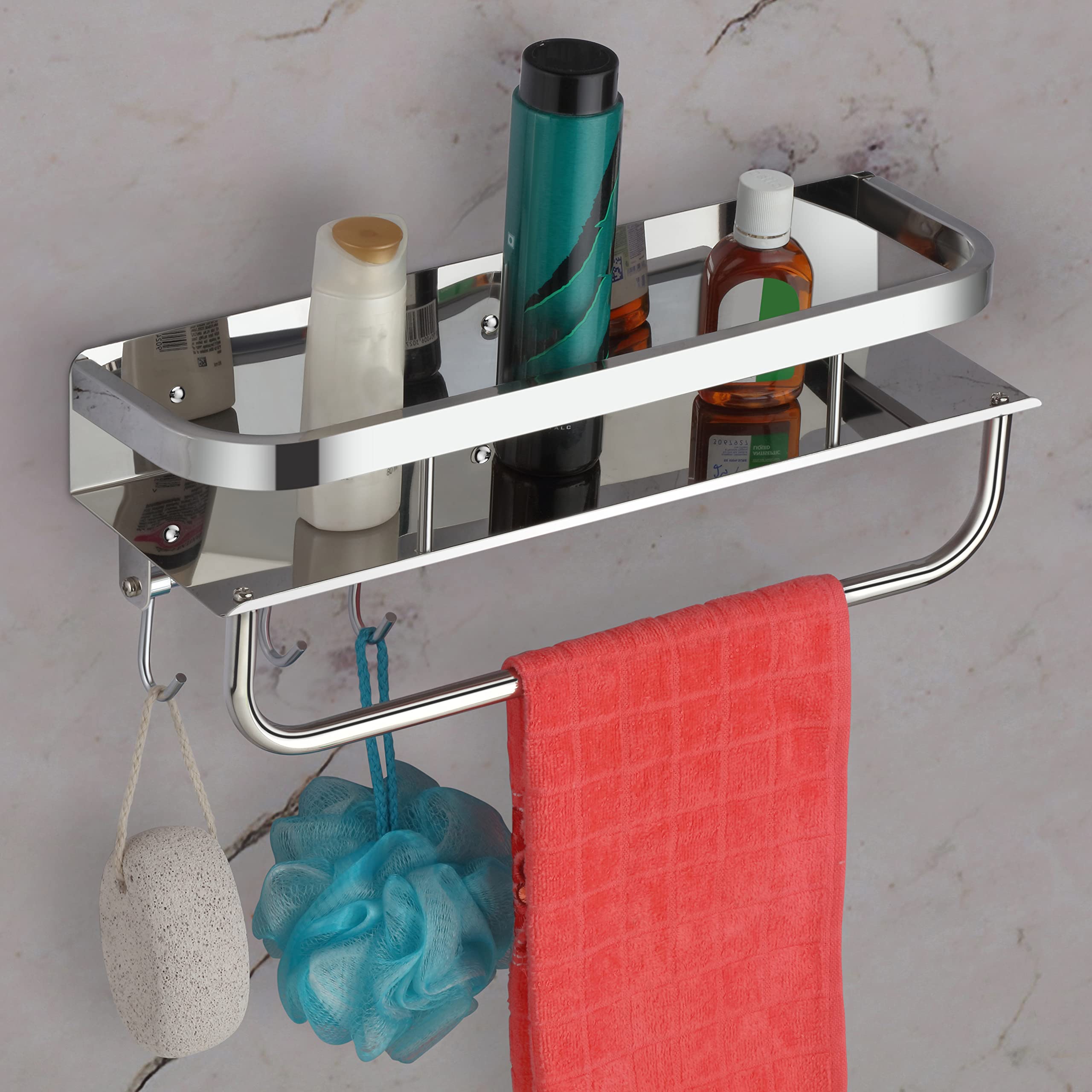 Plantex Stainless Steel Multipurpose Bathroom Shelf/Rack/Hanger/Towel Rod with Hooks - Bathroom Accessories (Chrome) - Wall Mount (B09TKQ7S5N) Amazon Price History, Amazon Price Tracker