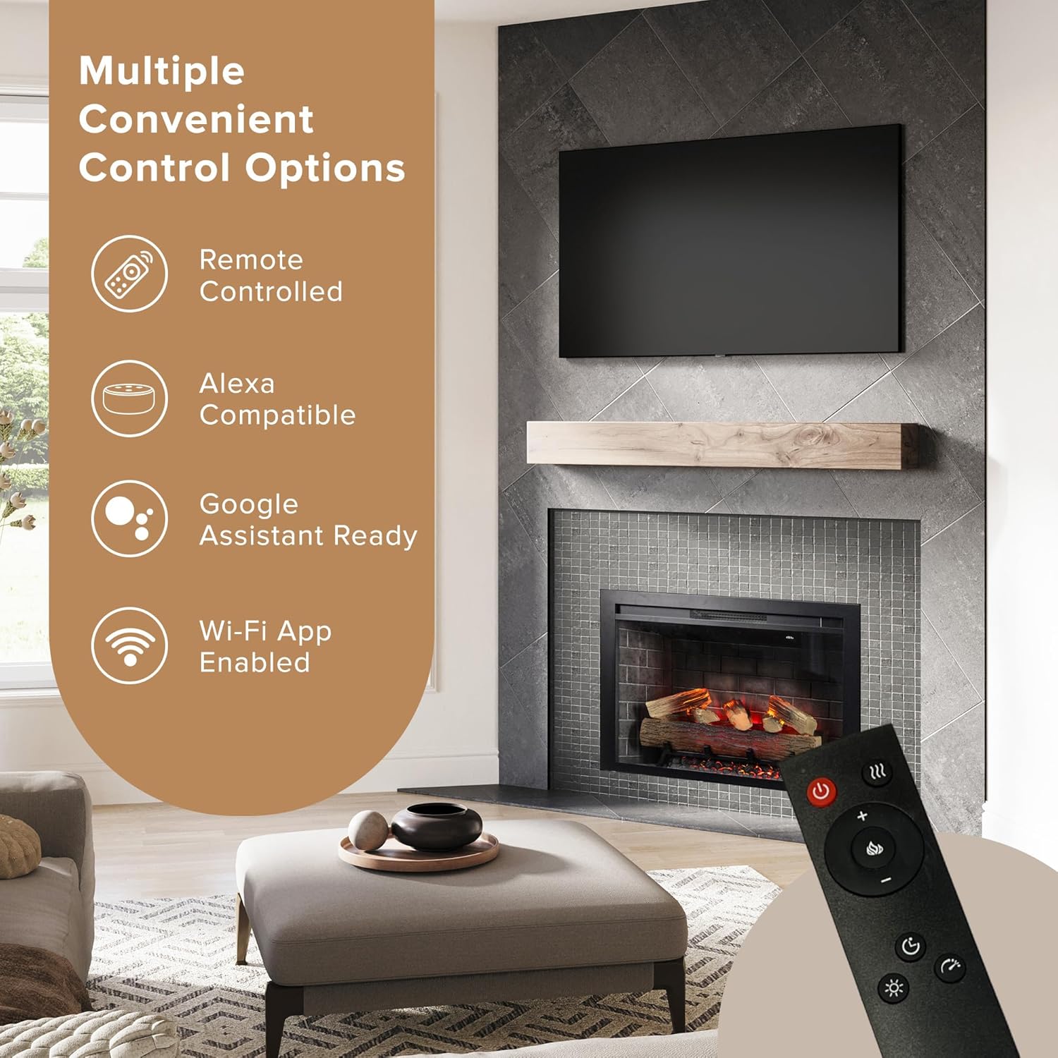 Modern Ember Uptown 36" Smart Electric Fireplace Insert with Remote Control, Alexa/WiFi Enabled - 400 Sq Ft Electric Heater with Realistic Flames and Log Set