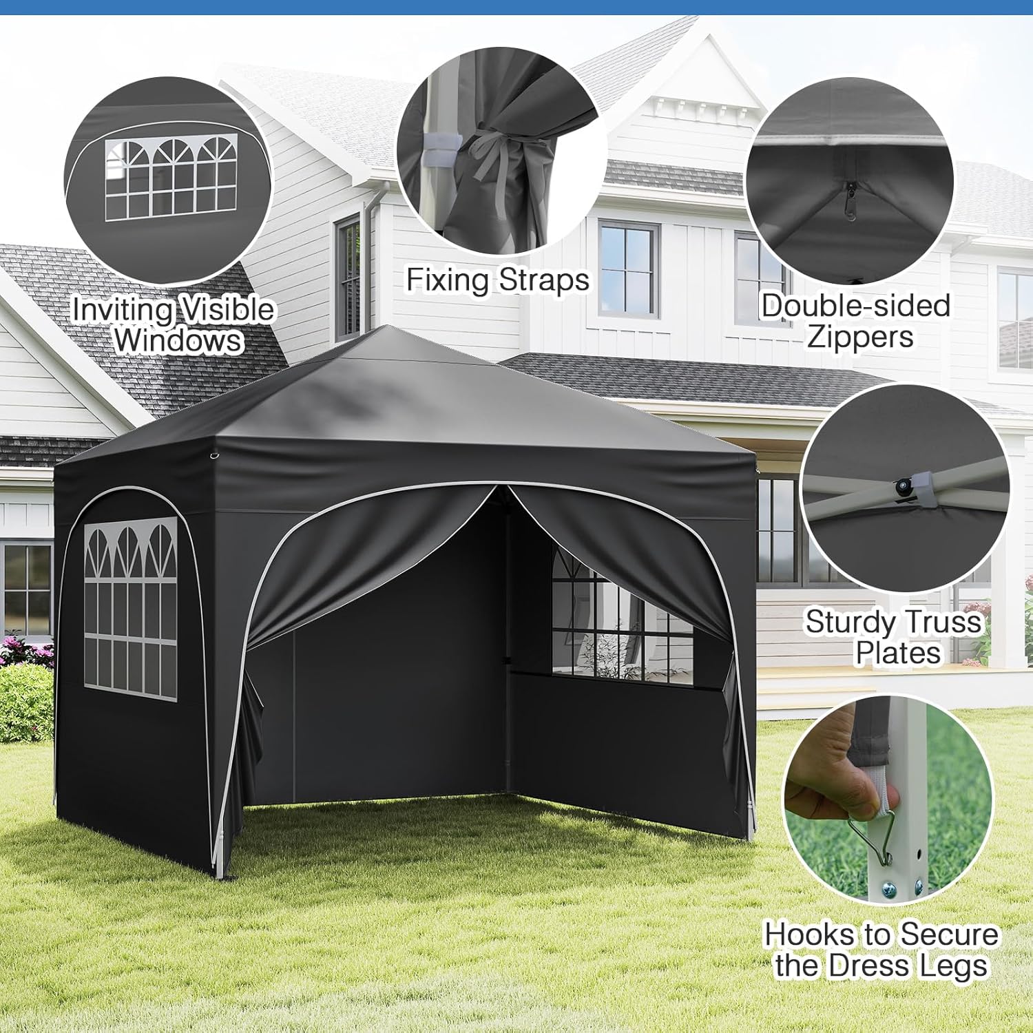 Tangkula 10x10Ft Pop up Canopy with 4 Sidewalls, UPF50+ Outdoor Tent with Zippered Door, 4 Sandbags, 4 Ropes, 4 Anchors, 8 Stakes, Portable Canopy Tent for Party Event Backyard (Gray)