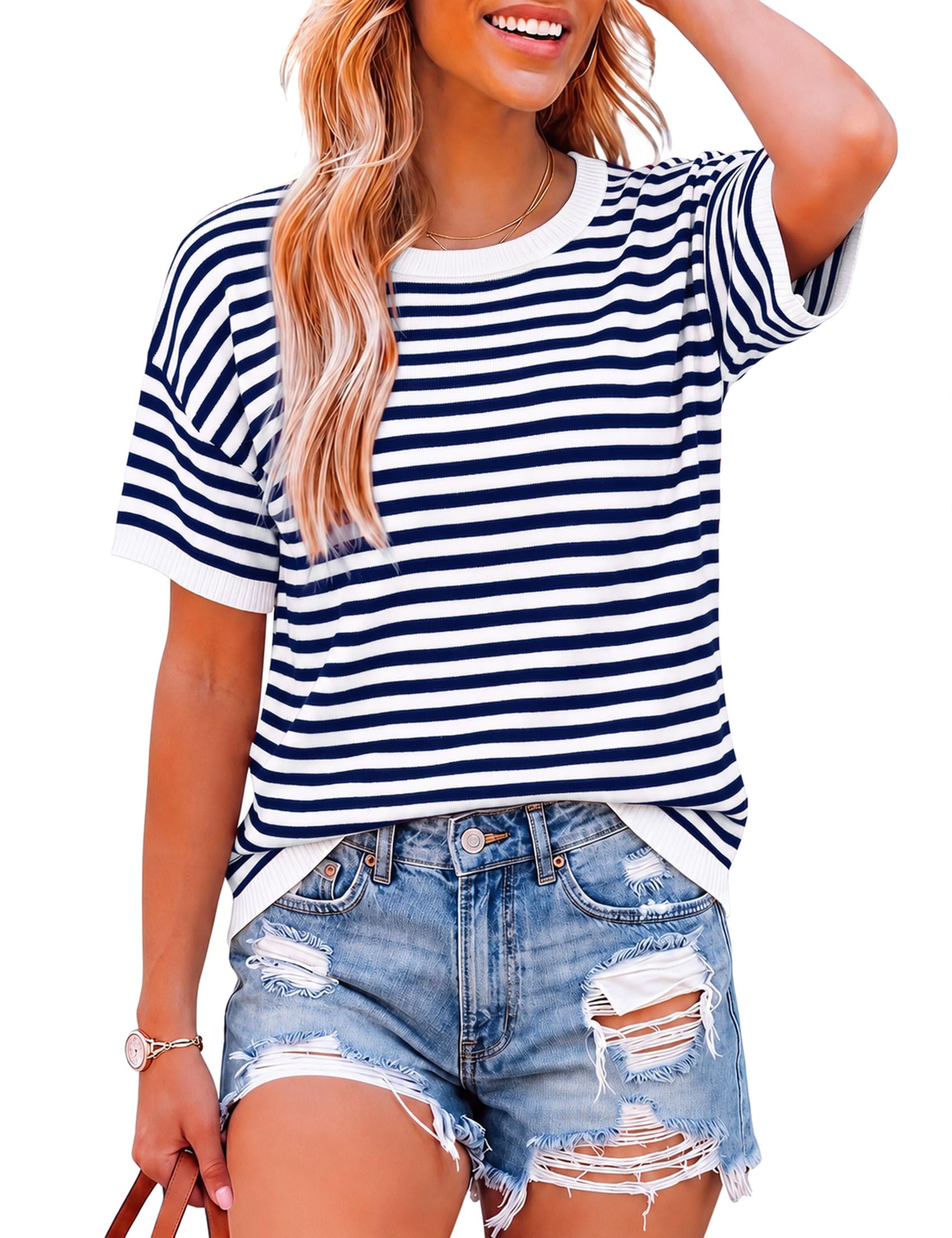 Terecey Gestreiftes Pullover Damen Kurzarm Elegant Tshirt Rundhals S-XXL | 100% Viskose, Weiches und atmungsaktives Tragegefühl, für Frühling Sommer und Herbst