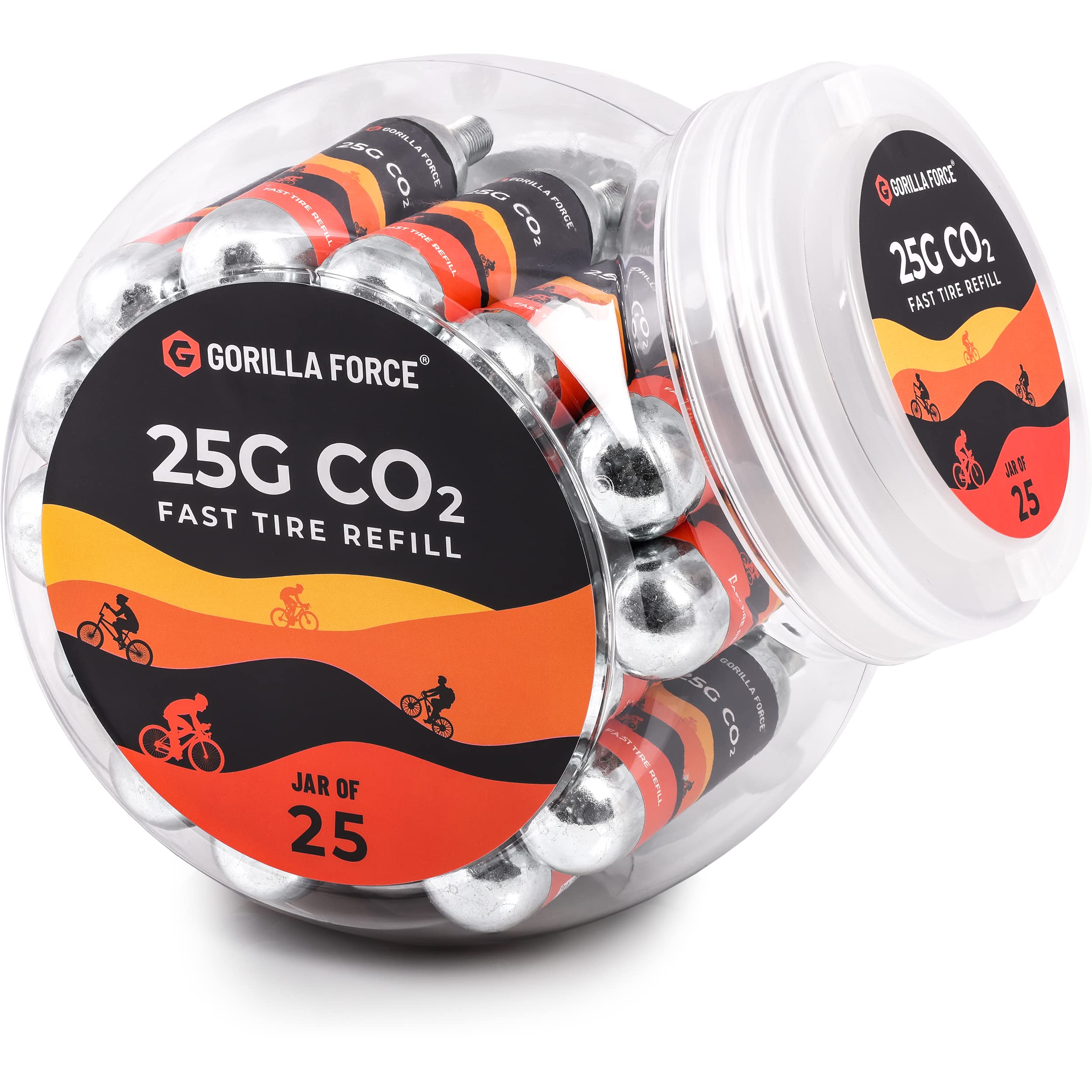 Threaded CO2 Cartridges, 25g for Bike Tire Inflators, Jar of 25