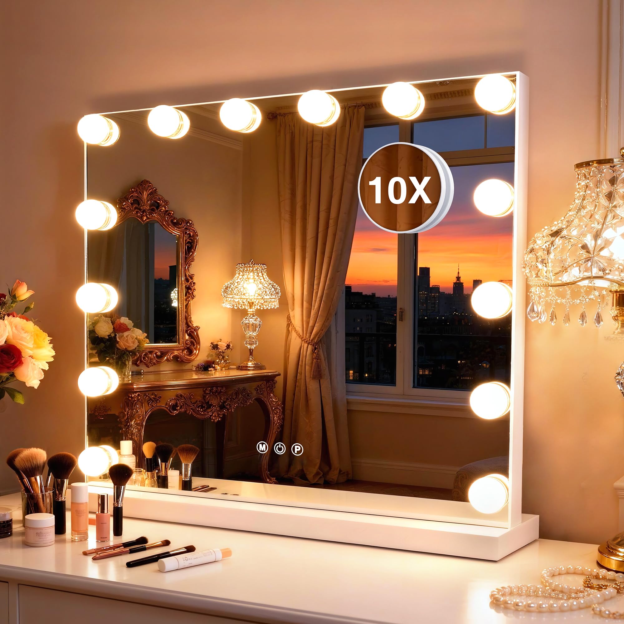 Miroir cosmétique Hollywood avec 3 Modes de Couleur, Miroir cosmétique éclairé avec Lampes LED à intensité Variable et grossissement 10x pour Bureau (52 cm x 40 cm)