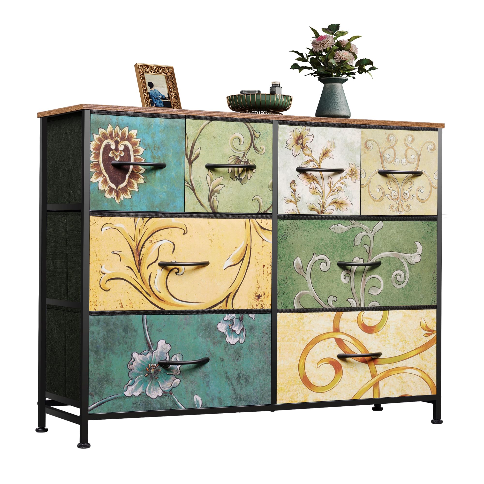WLIVE Chest of Drawers Bedroom, 8 Fabric Drawers Storage Organizer Unit for Living Room, Hallway, Kids Room, Dresser with Easy Pull Handle, Steel Frame, Wood Top, Retro Prints