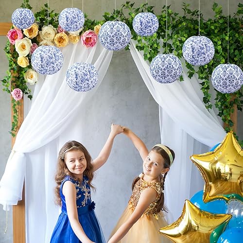 Miniatura 7 de Retisee Juego de 12 faroles de papel chinoiserie de 10 pulgadas con estampado de porcelana azul y blanca, farol redondo chino, decoración colgante