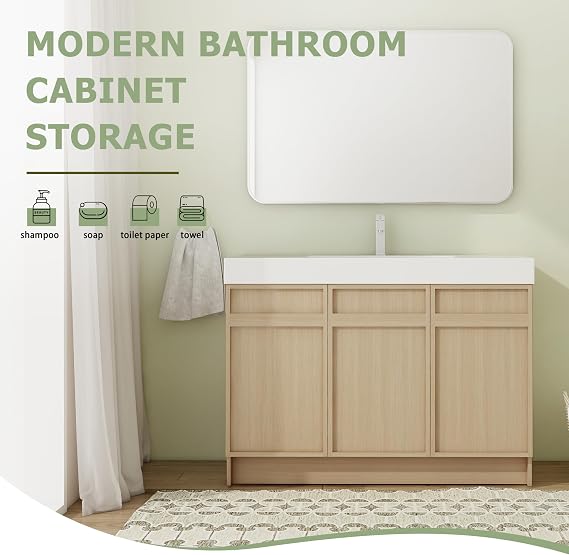 48 Bathroom Vanity with Sink,48 Inch Freestanding Vanity,Single Sink Floor Stand Vanity Combo, Modern Brown Bathroom Vanity Set with 3 Doors