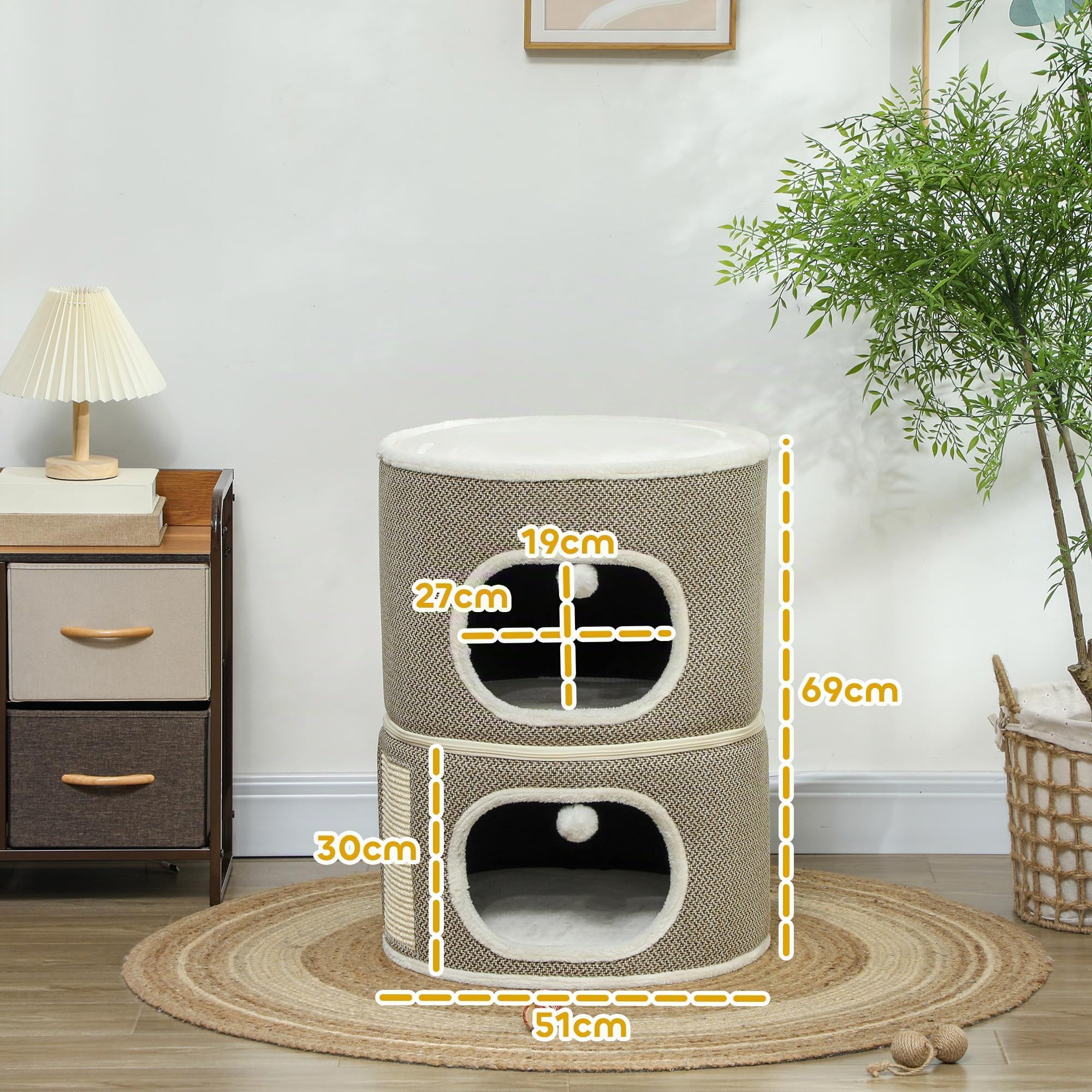 PawHut Kratztonne, Kratzbaum mit Spielbällen, 69 cm hoch Katzenturm mit 2 Höhle, Katzentonne aus Sisal, für Katze bis 6 kg, Kaffeebraun+Cremeweiß