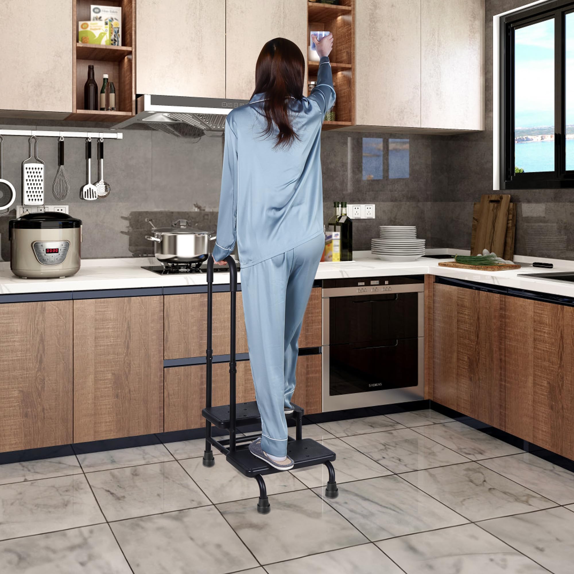 REAQER Taburete con asa para adultos, taburete médico de 2 escalones con pasamanos para adultos, personas mayores, discapacitados, soporta hasta 350 libras (negro)