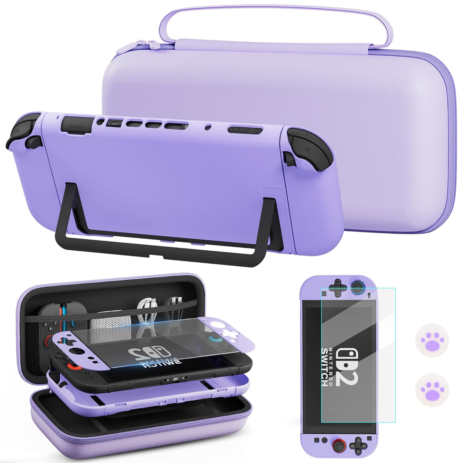FUNDIARY Purple Carrying Case Compatible with Switch 2(2025), Shockproof Accessories for Switch 2 Console with Slim Portable Storage Travel Bag, Protective Cover, Screen Protector and 2 Cute Thumb Cap