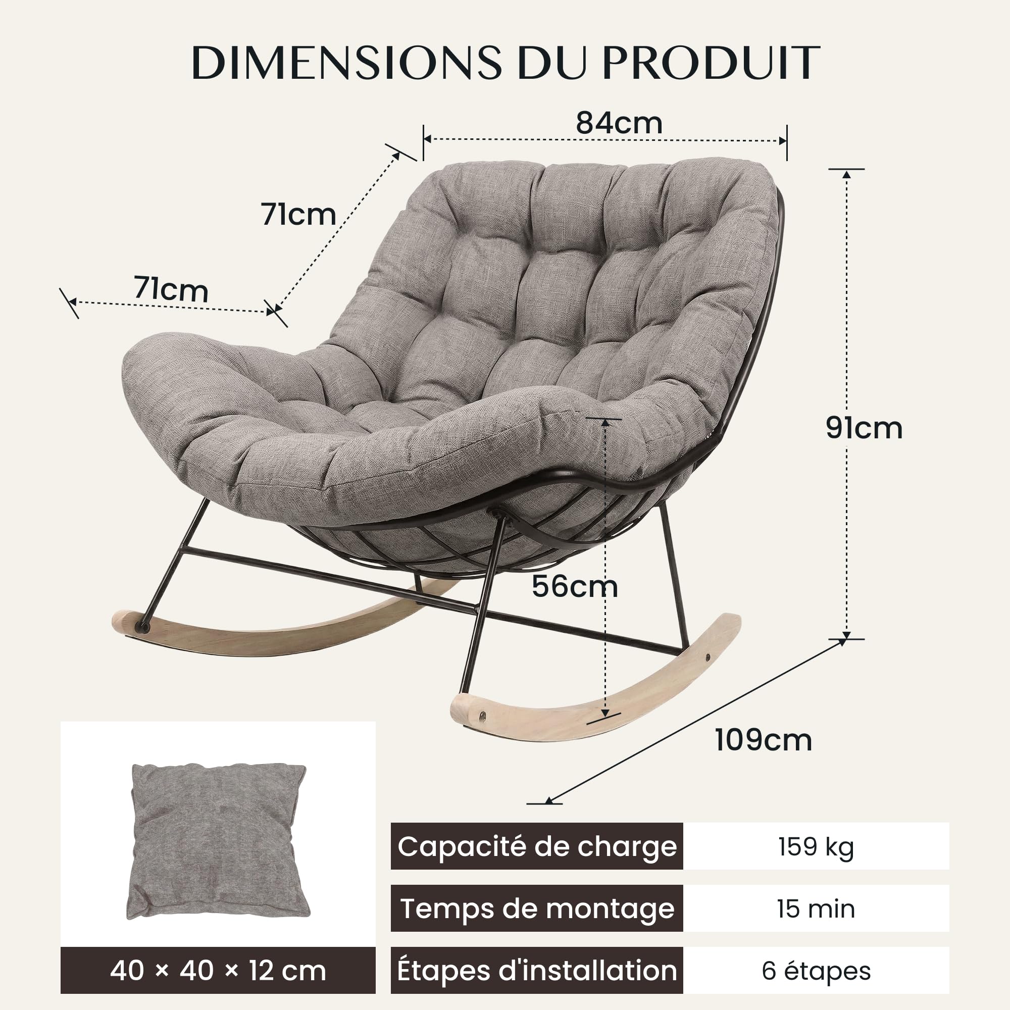 FLEXISPOT Fauteuil à Bascule Confortable avec Coussin & Appui-Tête, Chaise Longue Relax à Balancement Doux, Style Naturel et Chaleureux, pour Salon, Balcon, Terrasse et Jardin – Brun Lin