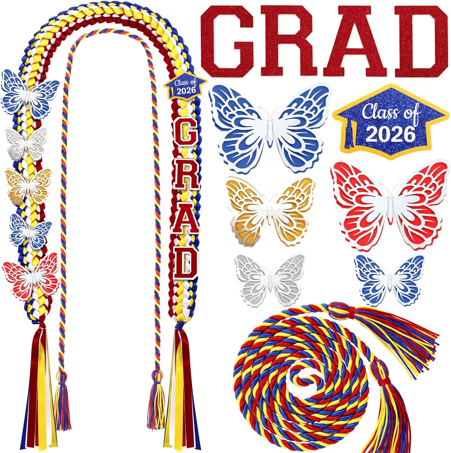 Graduation Leis Class of 2026 with Honor Cord Grad Ribbon Braided Leis with Butterfly Pin Necklace for Congrats Graduates College Senior Gifts for Graduation Party Supplies