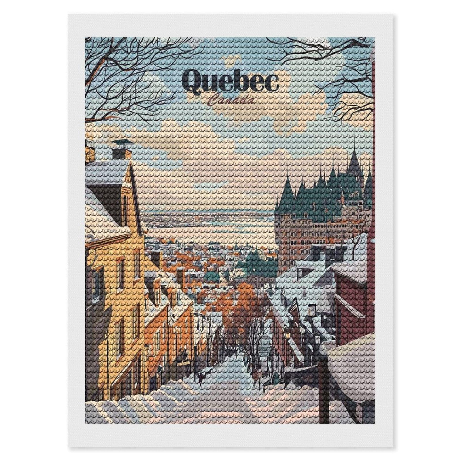 Junmoney Quebec City Winter View Diamond Painting Set 12"x16", Full Kit Included, Sparkling Round Gems, Farmhouse Decor, Festive Craft Gift