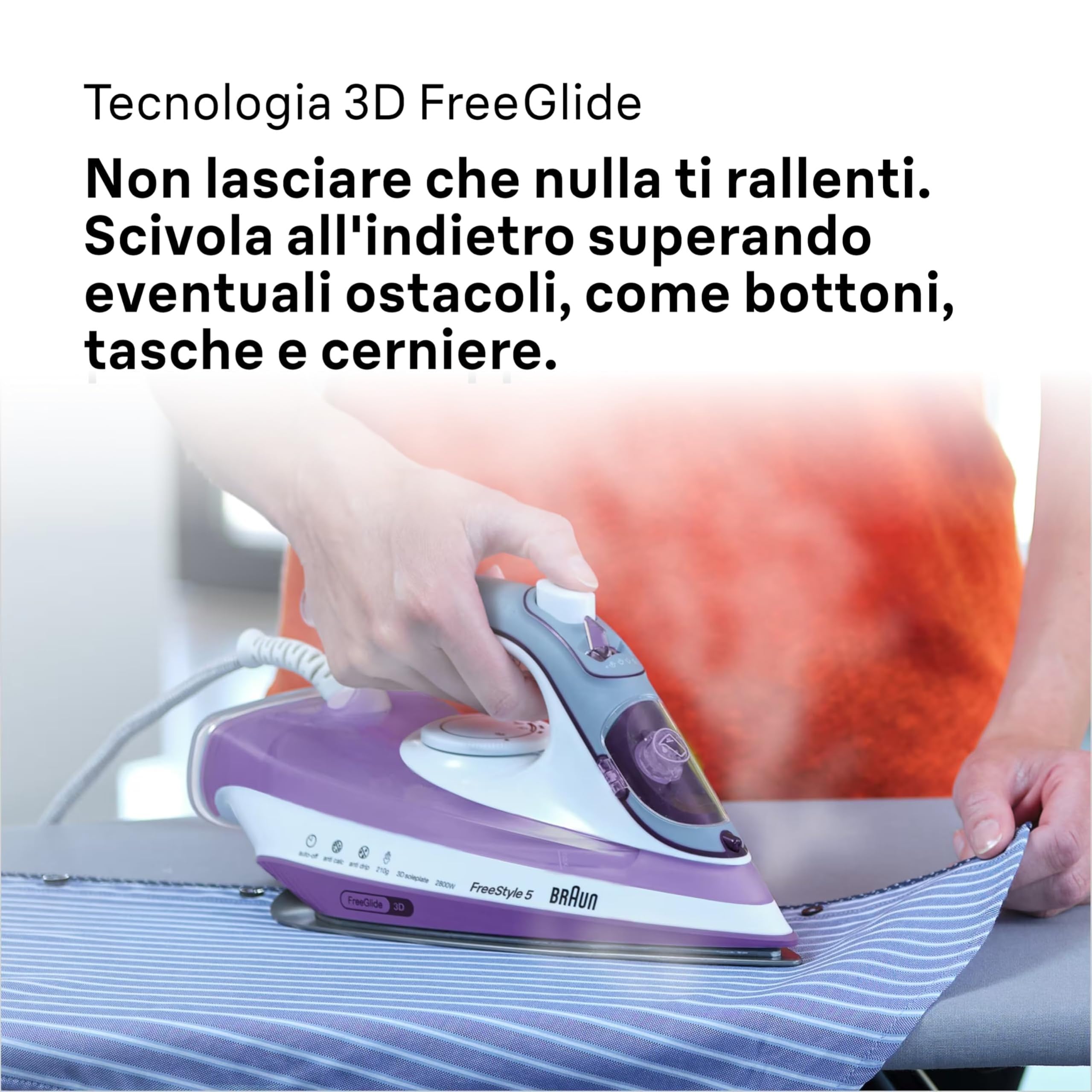 Braun TexStyle 5 SI5037VI, Ferro da Stiro con Piastra FreeGlide 3D SuperCeramic, Punta di Precisione, Manico Aperto Ergonomico, Ricarica 300ml, Efficienza Energetica, Sistema Antigoccia, 2700W, Viola