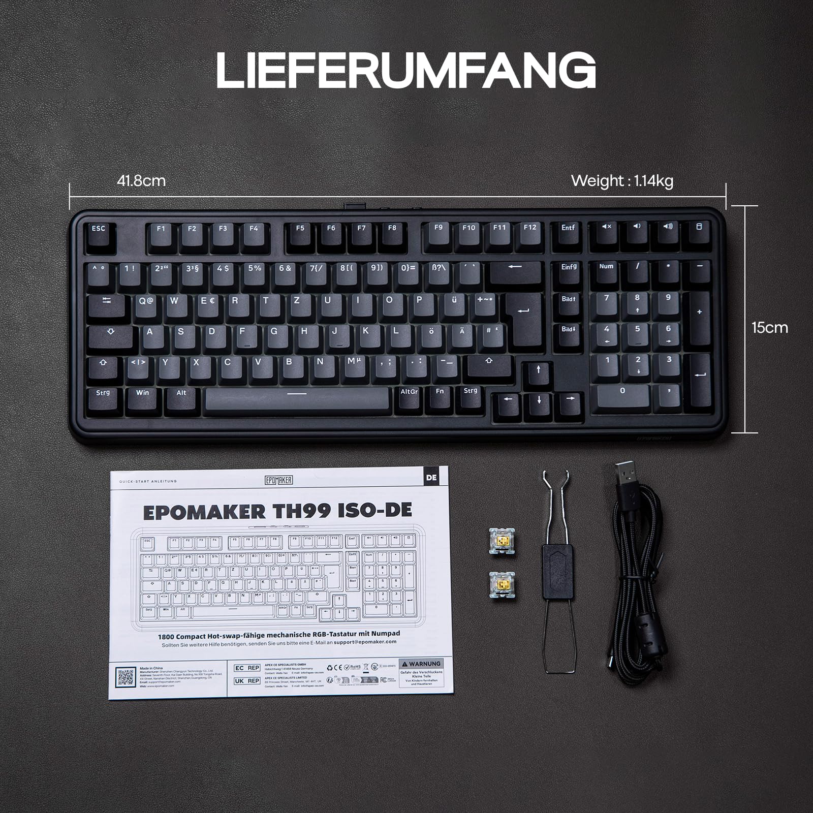 EPOMAKER TH99-ISO-DE German Layout QWERTZ Mechanical Keyboard Wireless, 96% Gaming Keyboard with Numpad, Hot-Swap, RGB, Gasket, BT/2.4G/USB-C, Programming Software (Black, Sea Salt Silent V2)