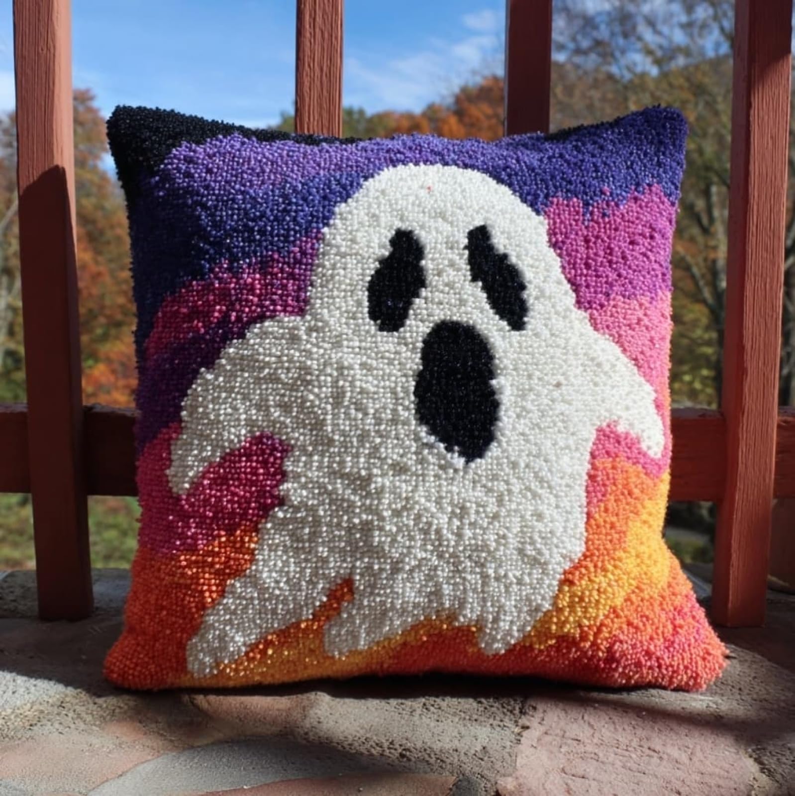 Henypt Easy Beginner Latch Hook Pillow Kit 43x43cm,Halloween Ghosts Needlework Cushion Set Pre-Printed Canvas and Tool Included,Simple Sofa Decor Project