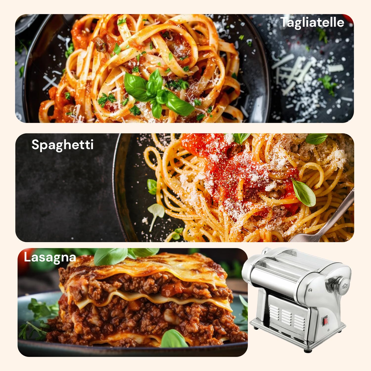 Wintem Máquina eléctrica para espaguetis y fideos PM1650 135 W 18 x 26 x 23 cm – Cuchillas intercambiables de 1 a 4 mm – Capacidad de producción alta 4 kg por hora – Intuitiva y ergonómica –