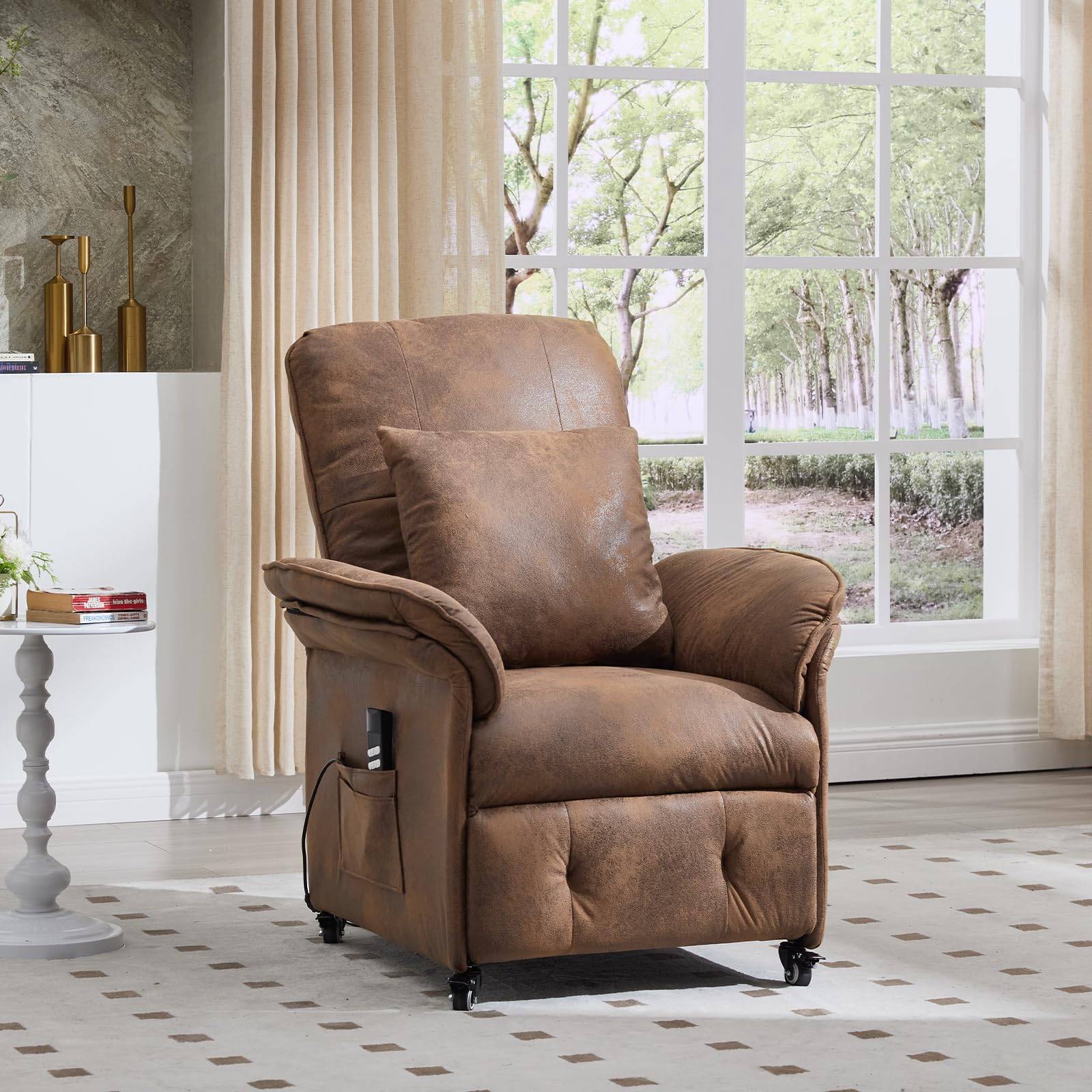 2 Motoren Elektrischer Relaxsessel, Fernsehsessel mit Liegefunktion, TV Sessel Wohnzimmer mit Rollen, Verstellbarer Rückenlehne & Fußstütze, 2 Seitentaschen, Recliner Chair, Braun Flockleder