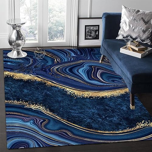 Alfombra de área de mármol azul marino dorado, líneas doradas azul oscuro, alfombra suave lavable, alfombra de tapicería con respaldo antideslizante