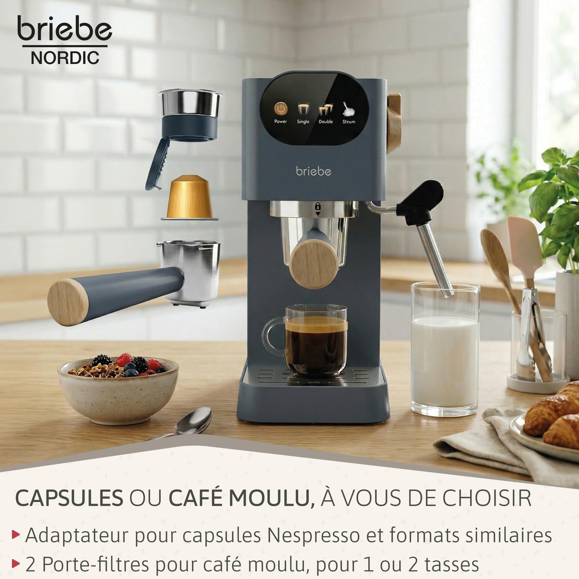 briebe Nordic Ensemble Machine à Café Expresso 20 Bars Capsules et Café Moulu + Bouilloire Électrique 1,7L sans Fil, 2200W + Grille Pain 2 Fentes Larges, Set Petit-Déjeuner Design Nordique Gris