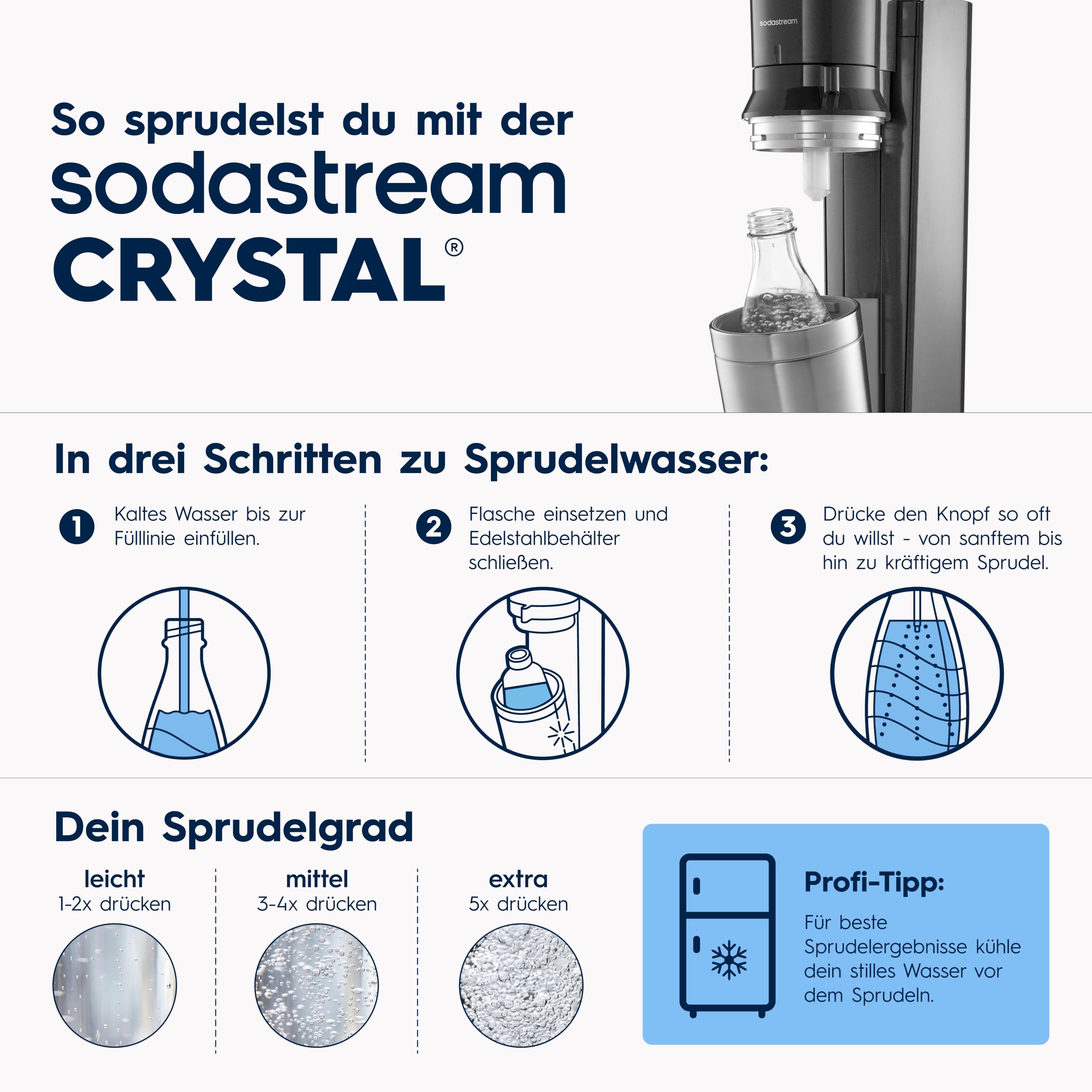 SodaStream Crystal 3.0 Wassersprudler mit Glaskaraffe, Quick-Connect CO2-Zylinder, 2x 0,7 L Glaskaraffen, Grau