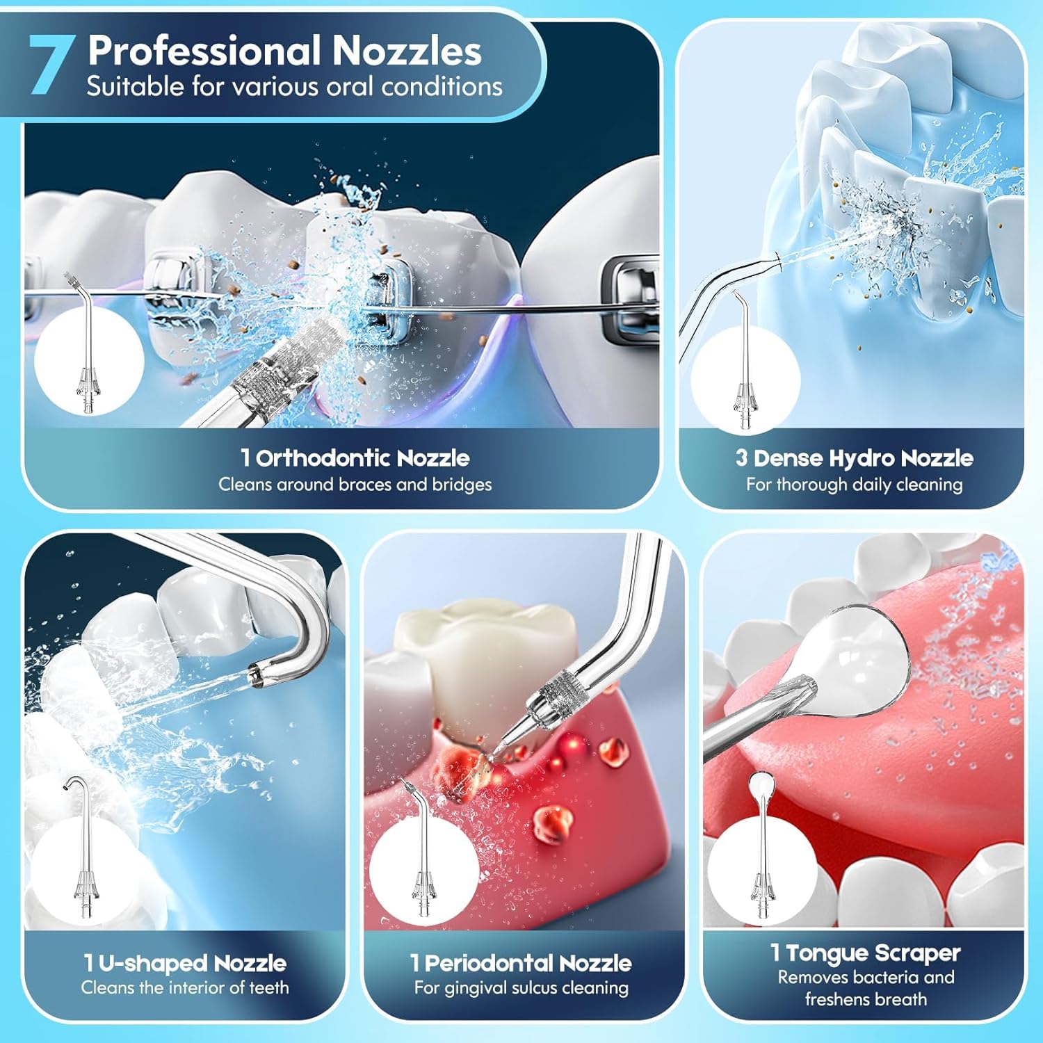 Seven professional nozzles for DADA-TECH W2 Water Flosser, including Dense Hydro, U-shaped, Orthodontic, Periodontal, and Tongue Scraper.