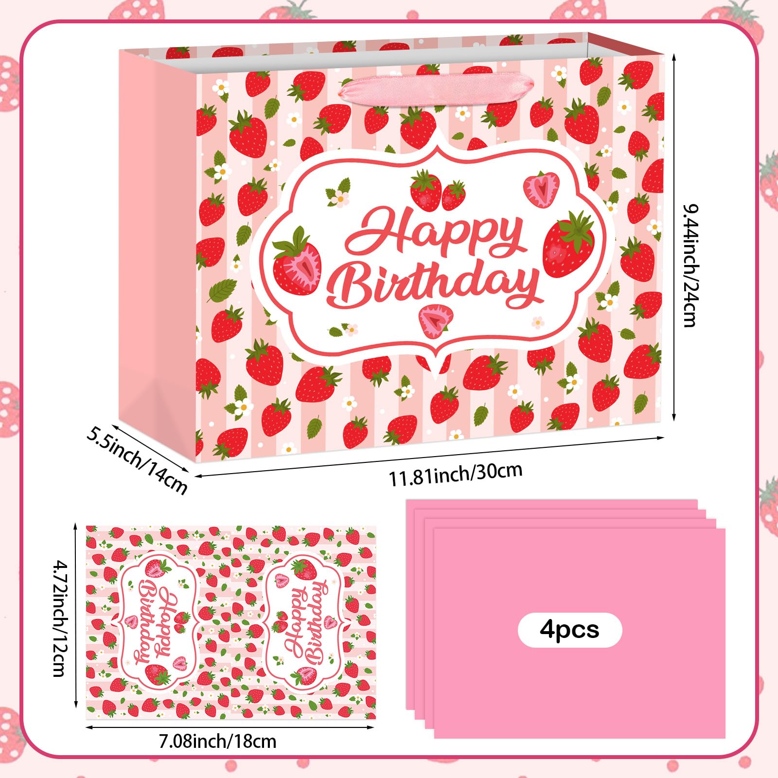 Hooqict Large Strawberry Birthday Gift Bag Pink Happy Birthday Gift Wrapping Bag with Handles, Tissue Paper, Greeting Card for Girls Kids Women Sweet Strawberry Party Decorations Supplies