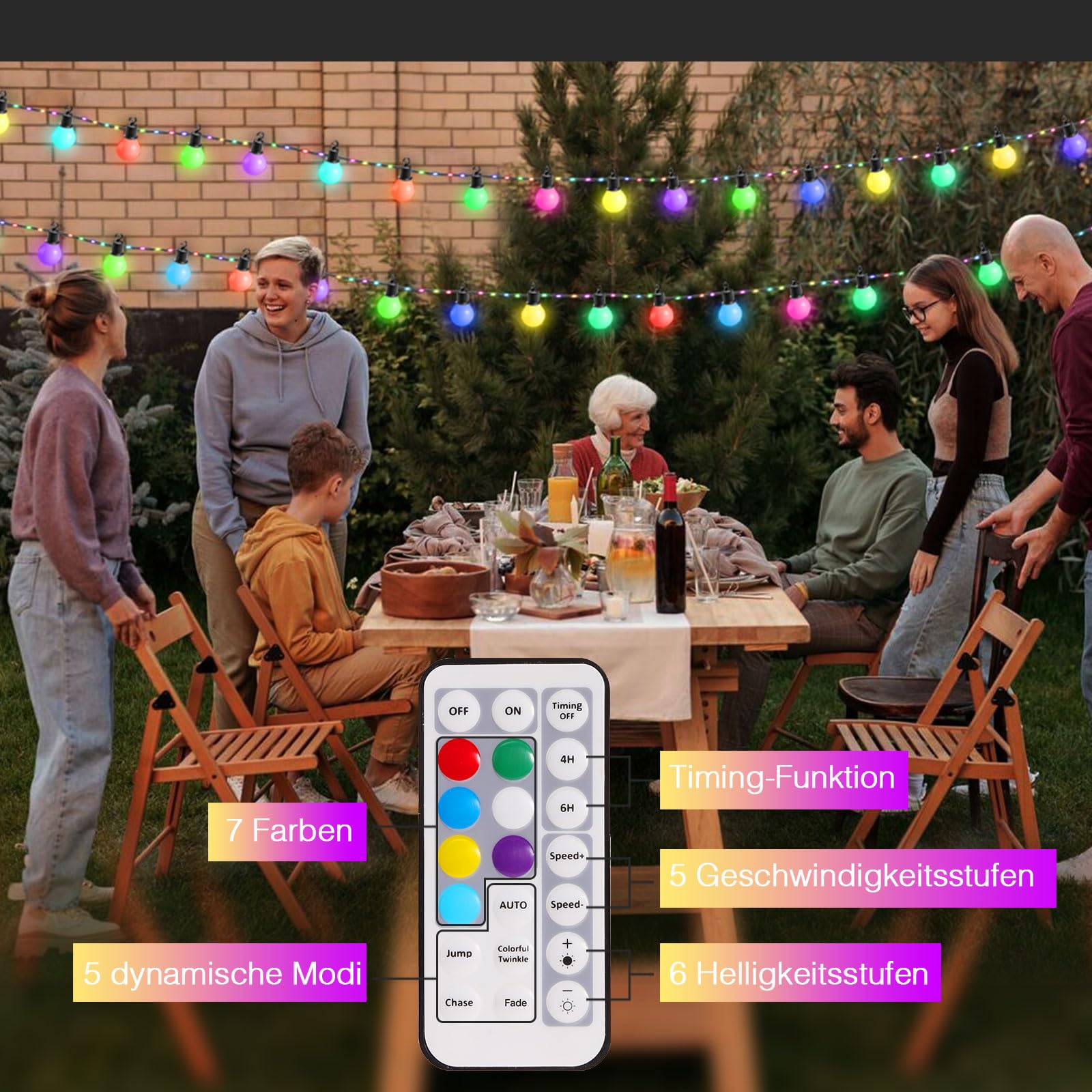 Greenclick LED lichtsnoer voor buiten 12,5M USB RGB kerstlichtsnoer 20 G40-gloeilampen 100 LED-lichtsnoeren IP65 waterdicht 12 modi decoratie voor tuin, Halloween, kerstmis, bruiloft, feest