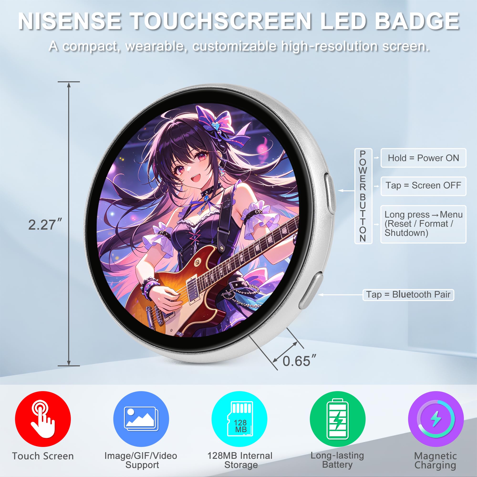NISUNS Badge à écran tactile numérique LED avec fixation magnétique | Badge électronique lumineux avec affichage GIF/vidéo personnalisé, idéal pour Cosplay, Ita Bags et Anime Cons.
